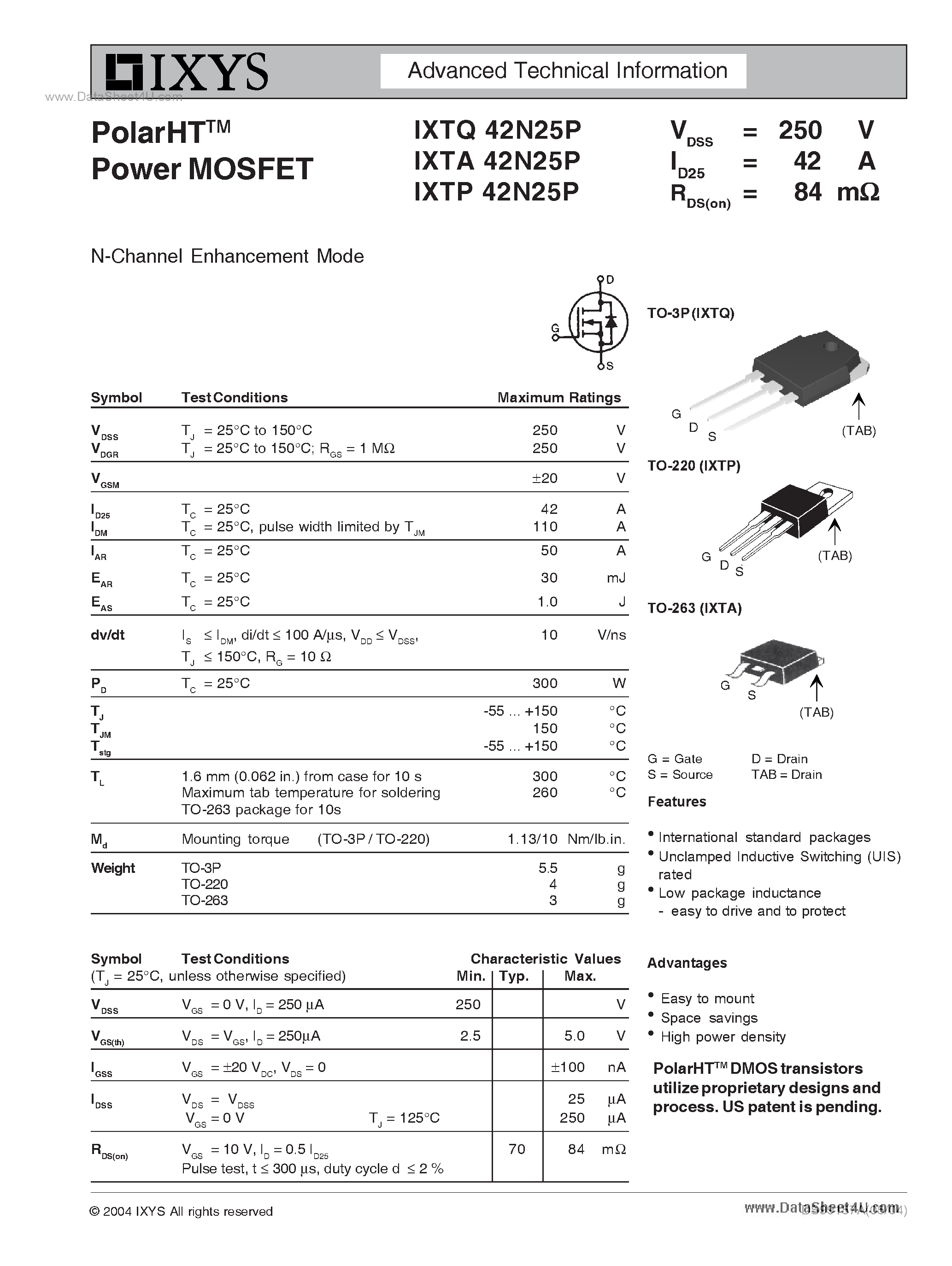 Datasheet IXTA42N25P - Polar N-channel MOSFETs page 1