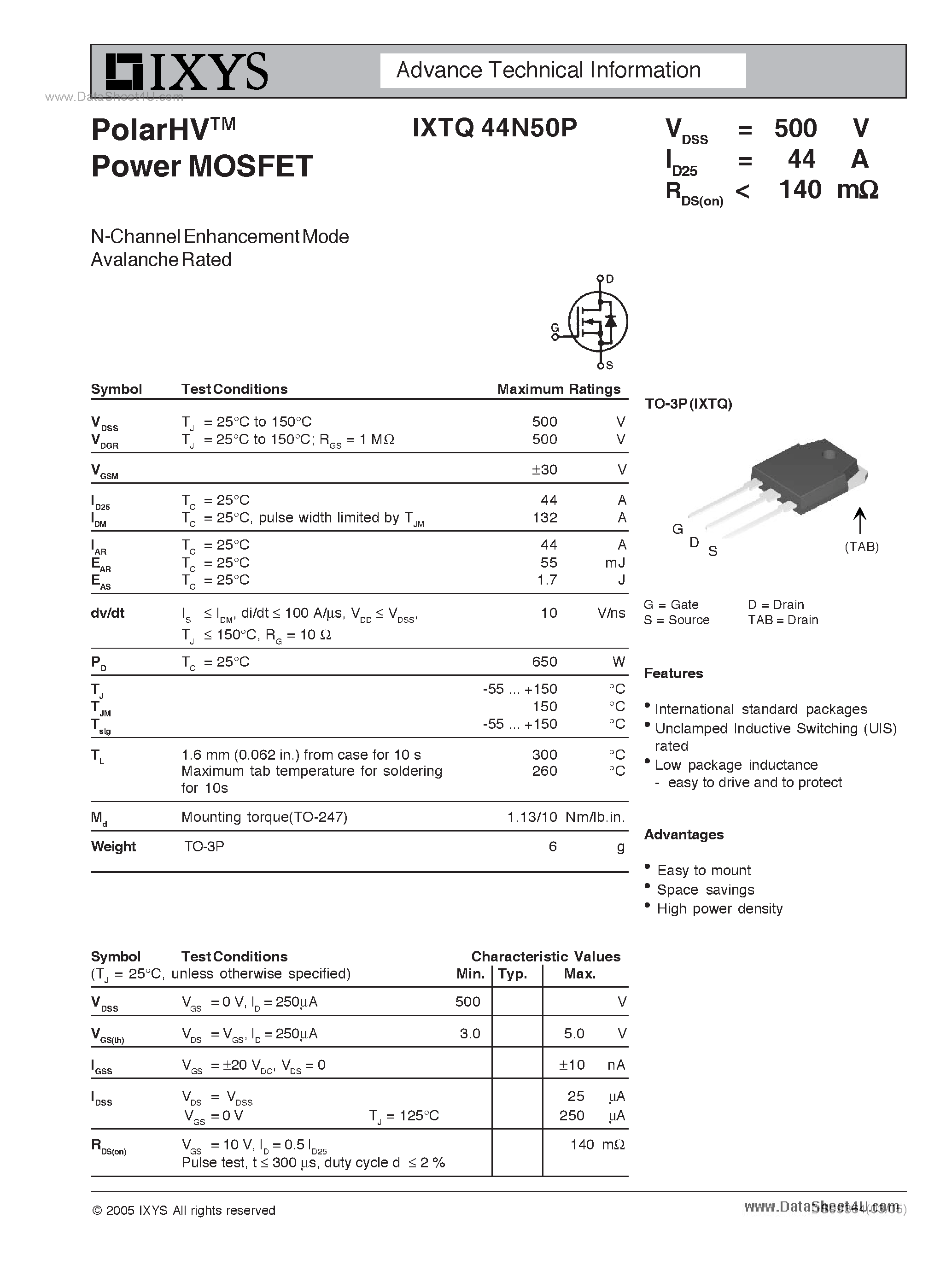 Datasheet IXTQ44N50P - Polar N-channel MOSFETs page 1