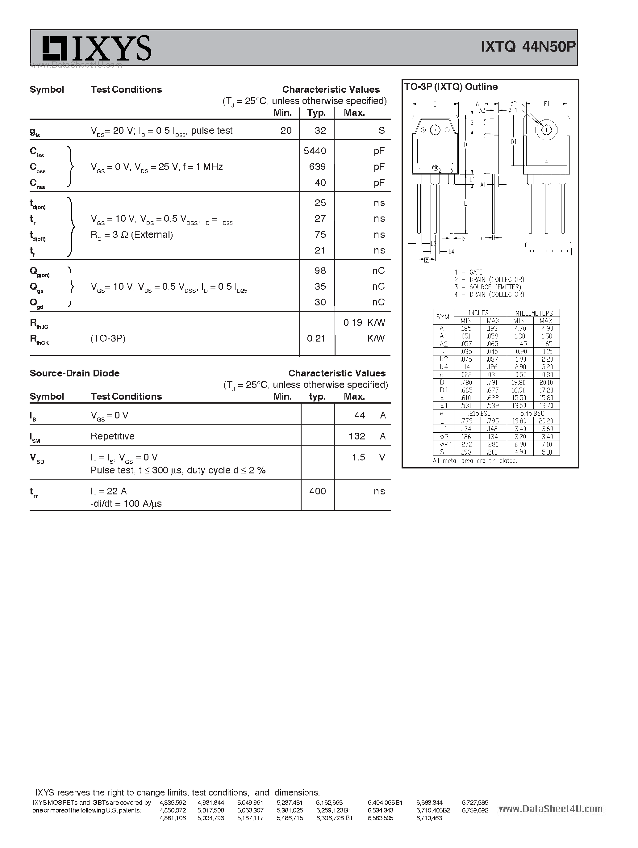 Datasheet IXTQ44N50P - Polar N-channel MOSFETs page 2