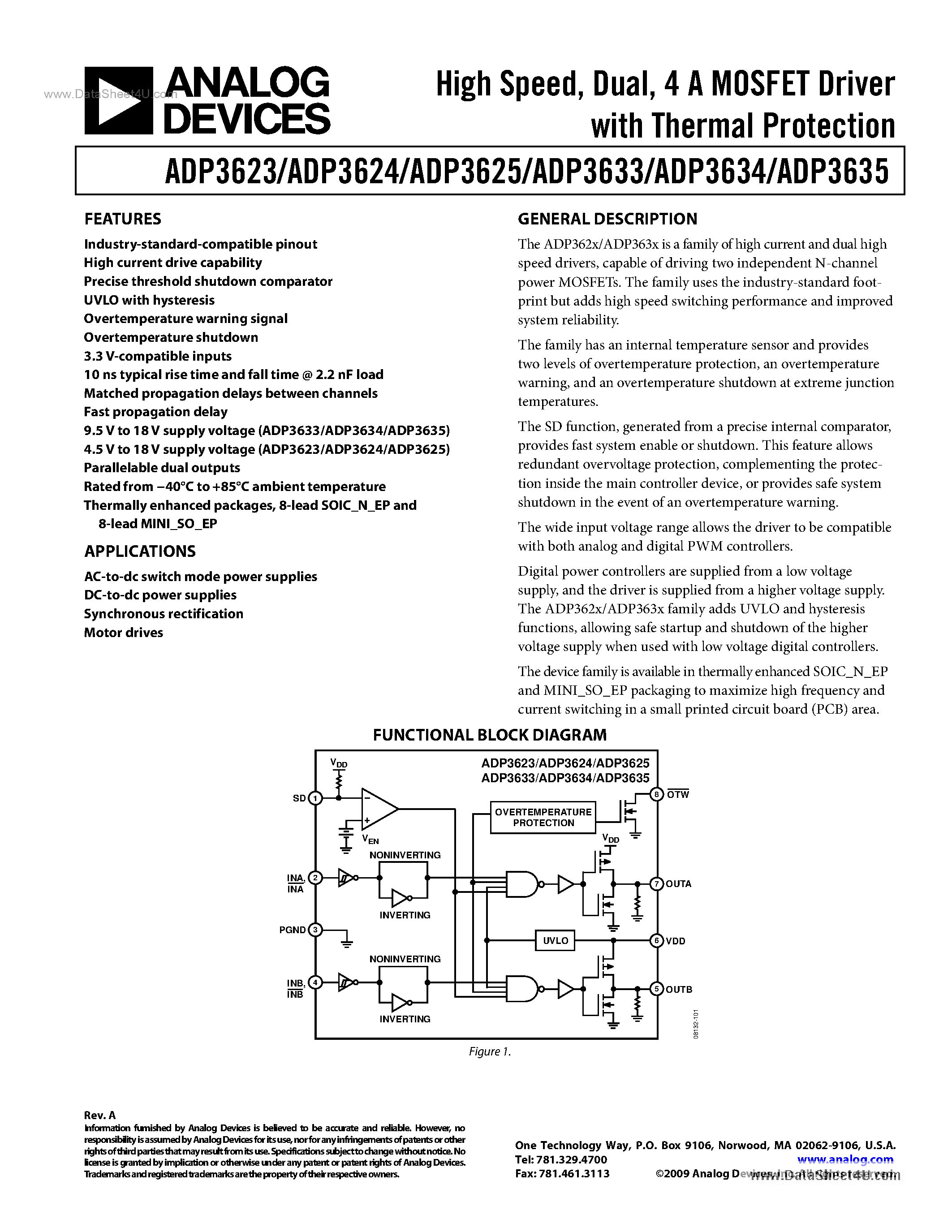 Даташит на микросхему ADP3623 страница 1 Даташит ADP3623 - (ADP3623 - ADP3635) 4A MOSFET Driver страница 1