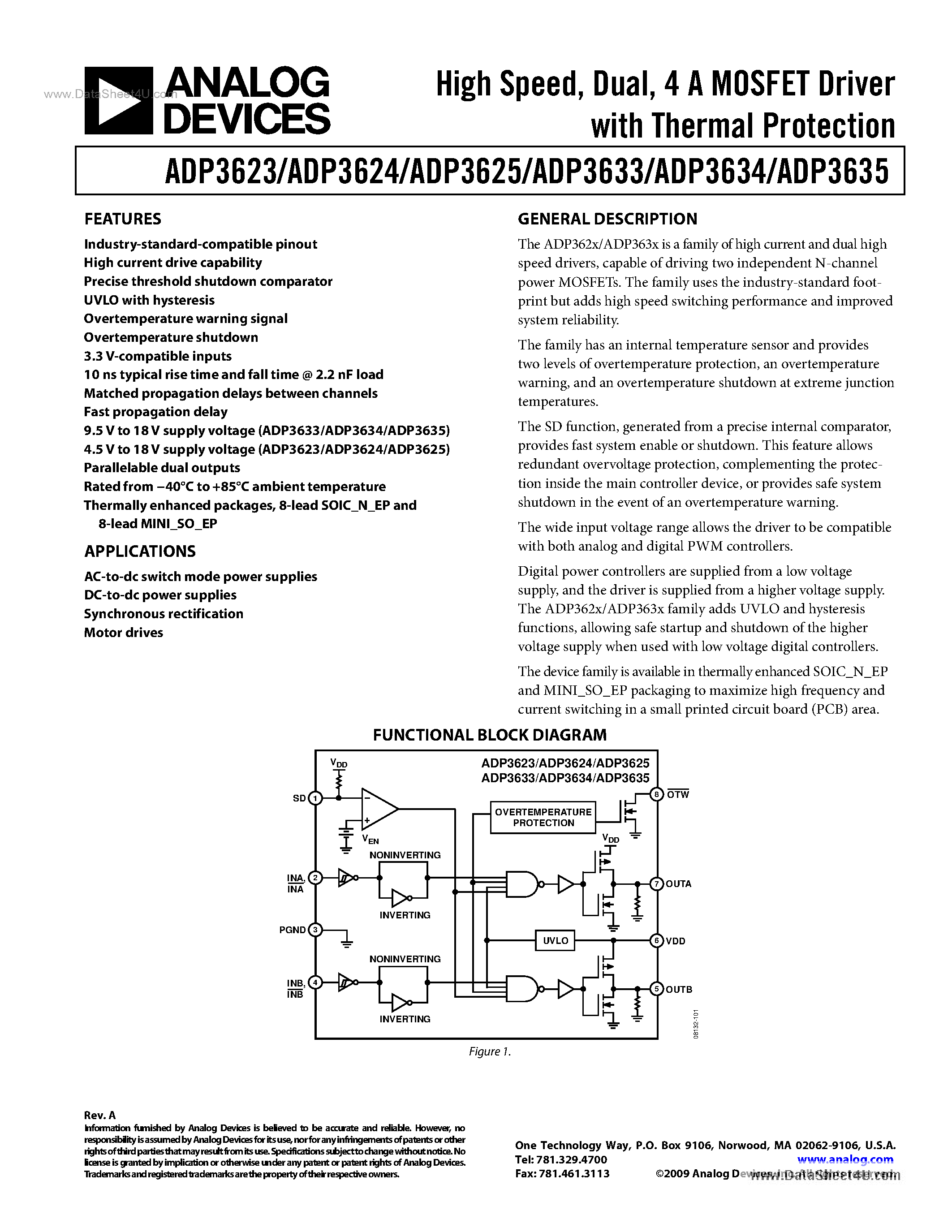 Даташит ADP3623 - (ADP3623 - ADP3635) 4A MOSFET Driver страница 1