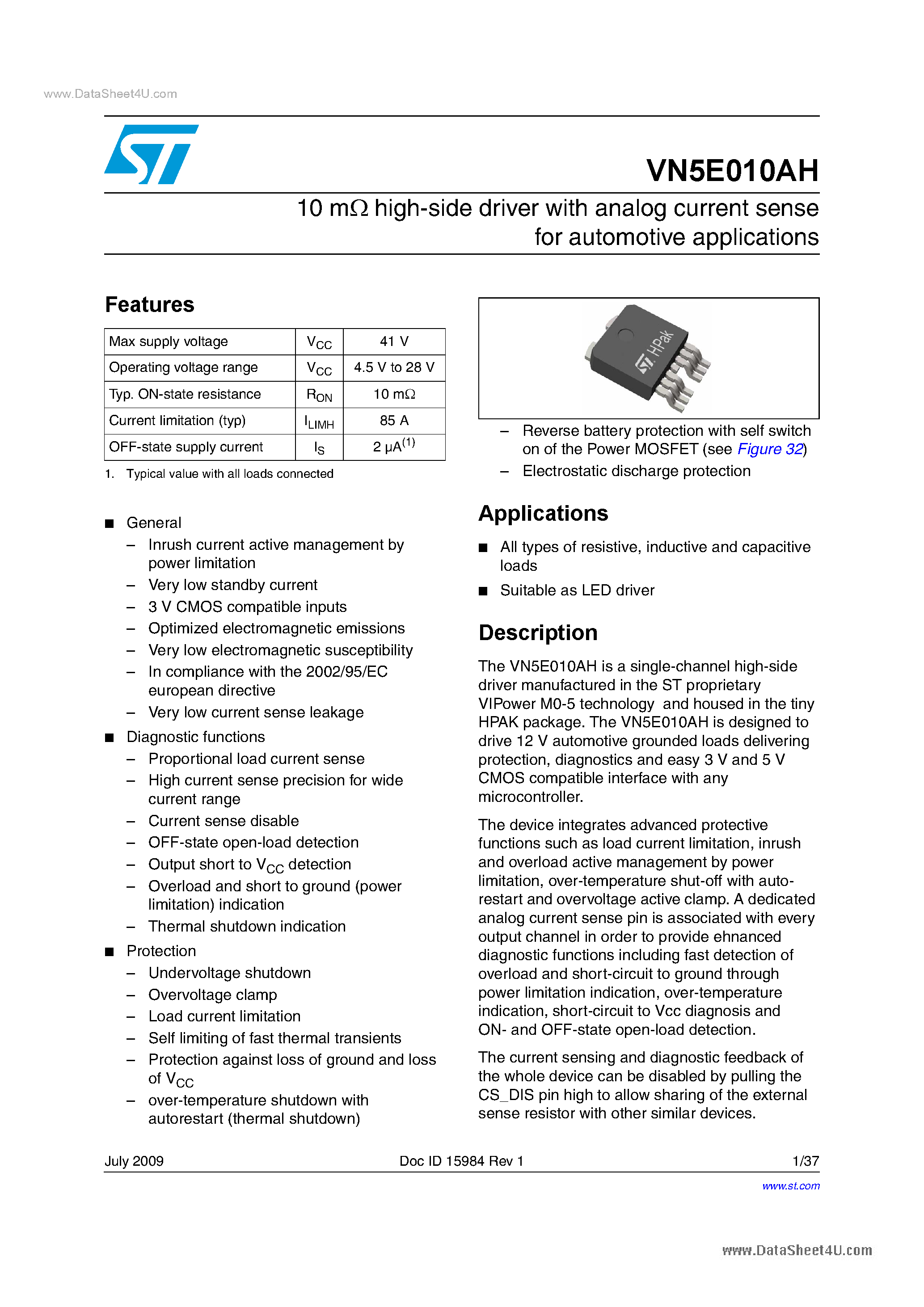 Даташит на микросхему VN5E010AH страница 1 Даташит VN5E010AH - High Side Switches страница 1