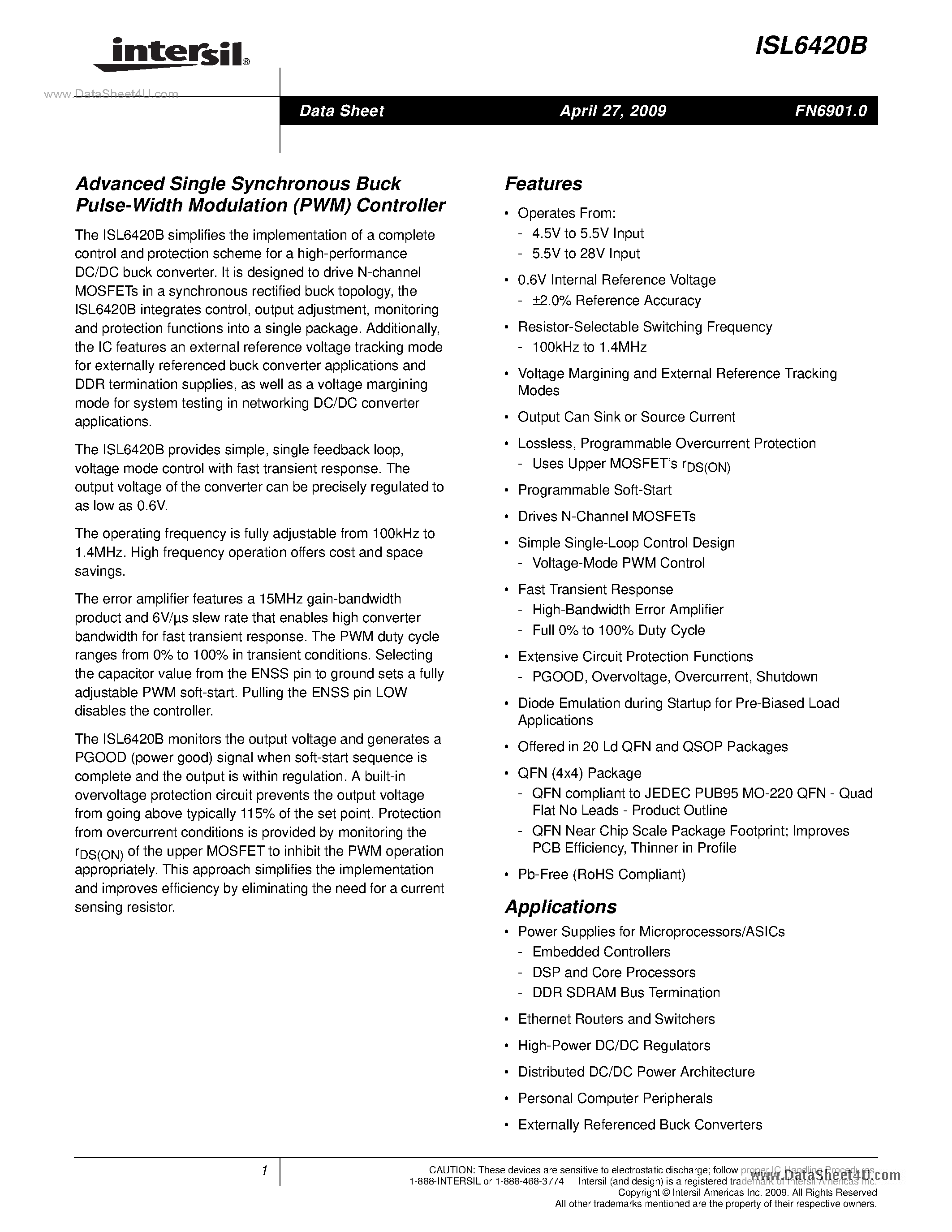 Datasheet ISL6420B page 1 Datasheet ISL6420B - Advanced Single Synchronous Buck Pulse-Width Modulation (PWM) Controller page 1