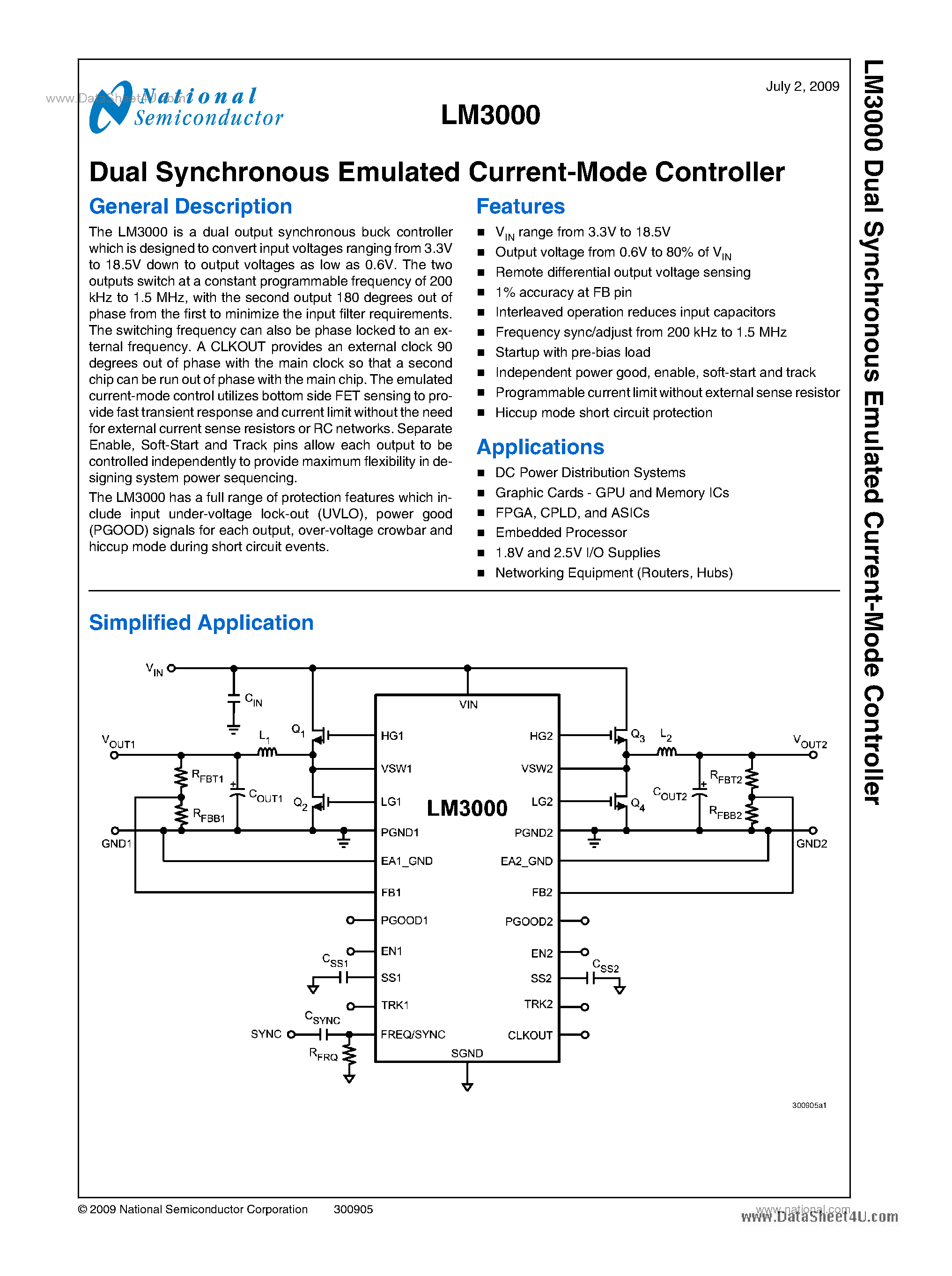 Даташит LM3000 - Dual Synchronous Emulated Current Mode Controller страница 1