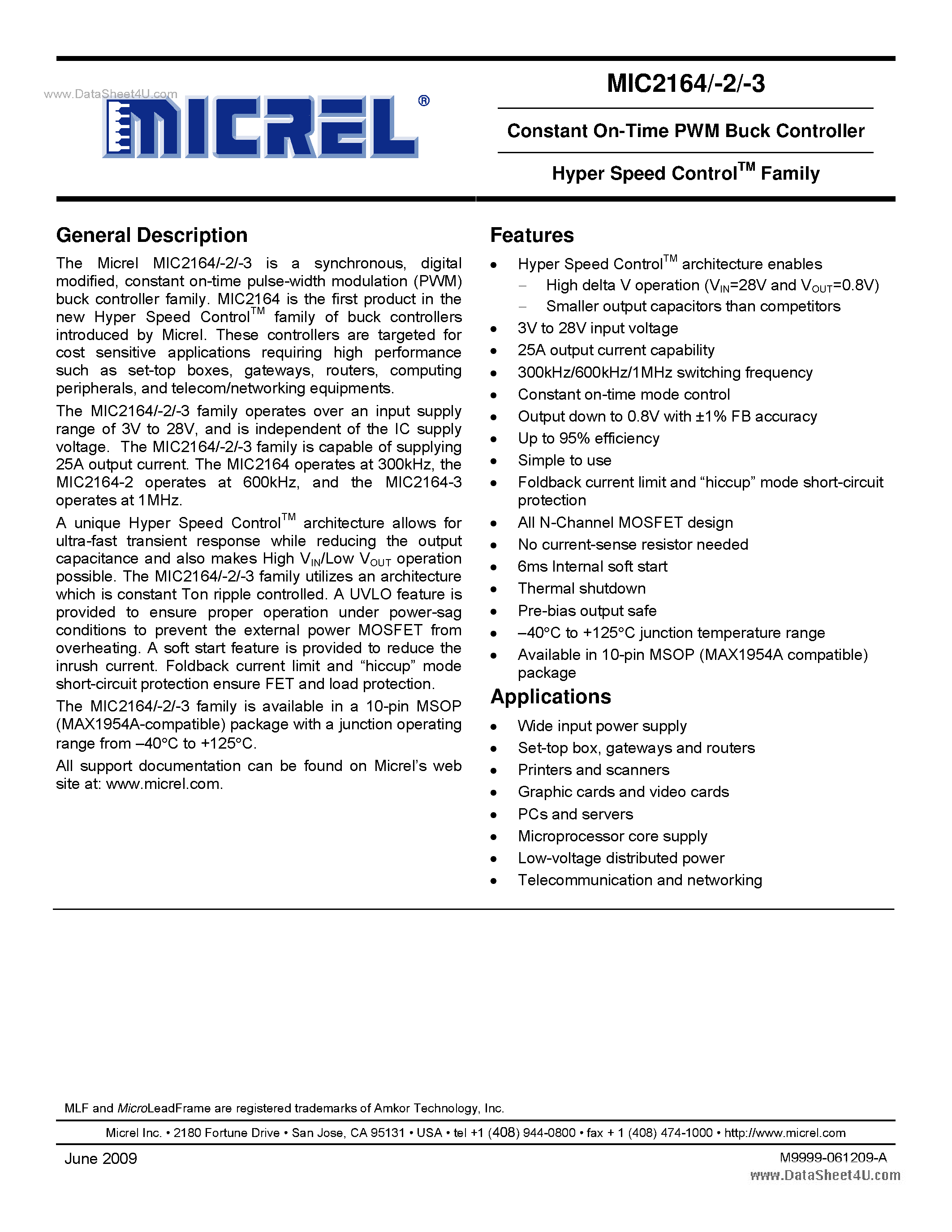 Datasheet MIC2164 page 1 Datasheet MIC2164 - 300kHz PWM Buck Controller page 1