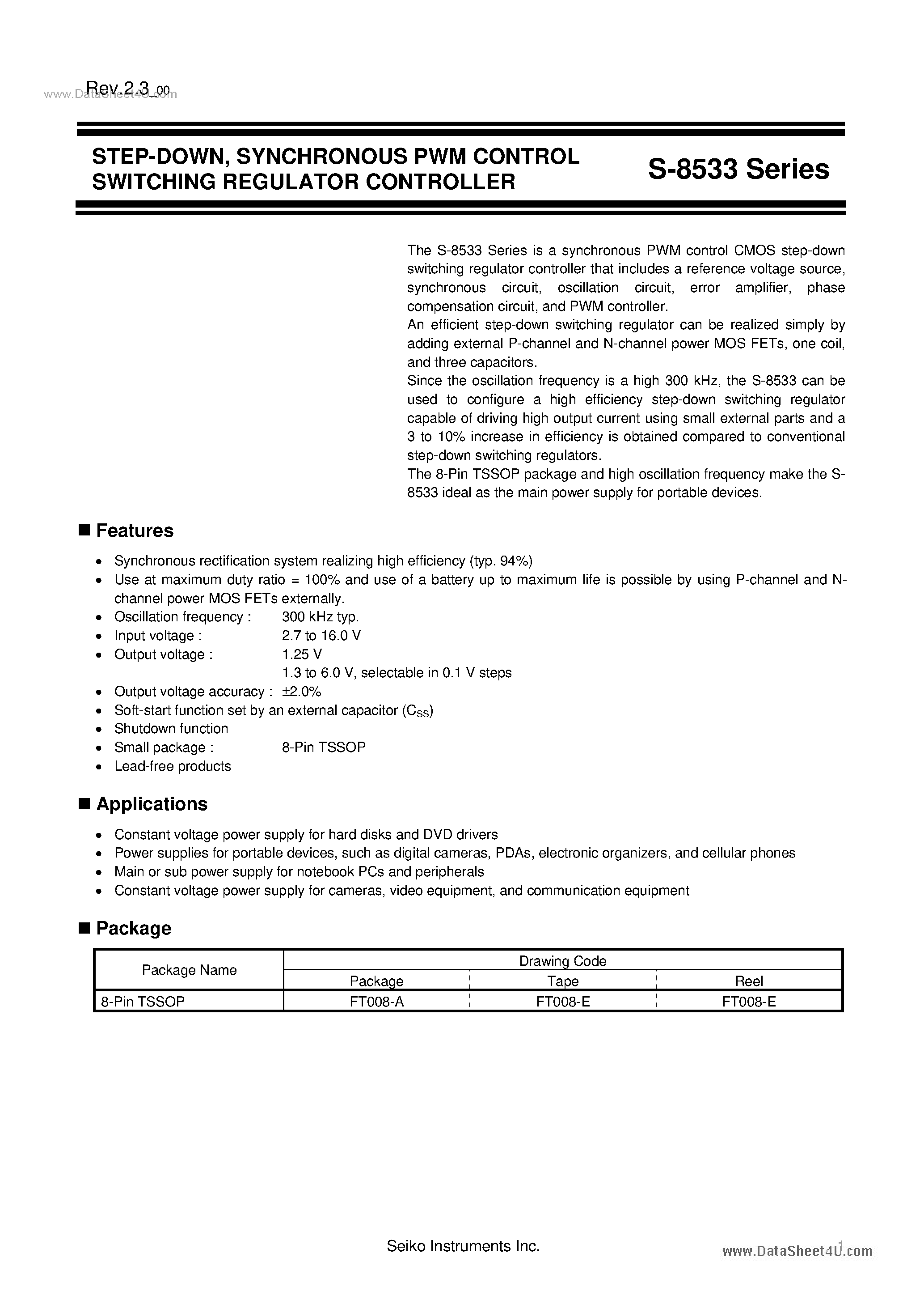 Datasheet S-8533 page 1 Datasheet S-8533 - SYNCHRONOUS PWM CONTROL SWITCHING REGULATOR CONTROLLER page 1