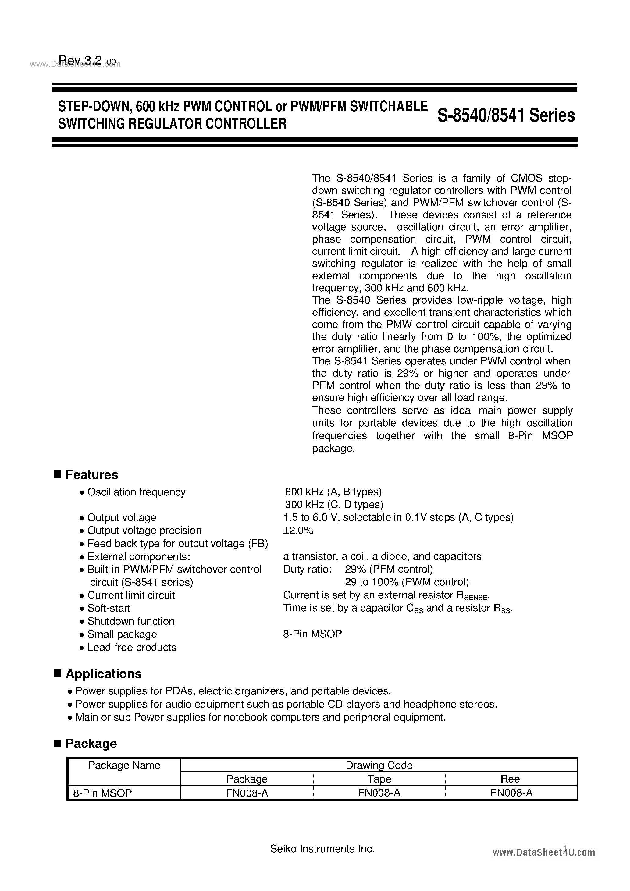 Datasheet S-8540 - (S-8540 / S-8541) 600 kHz PWM CONTROL or PWM/PFM SWITCHABLE SWITCHING REGULATOR CONTROLLER page 1
