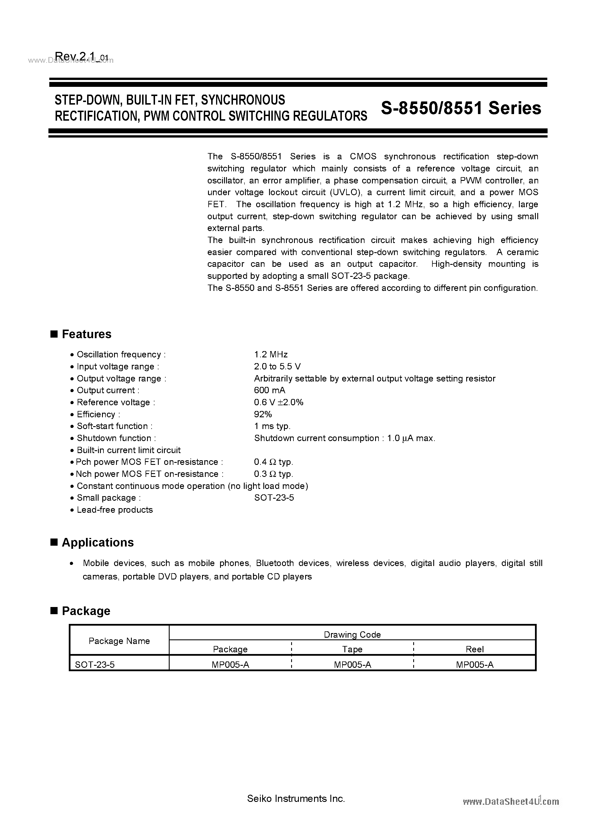 Datasheet S-8550 - (S-8550 / S-8551) PWM CONTROL SWITCHING REGULATORS page 1
