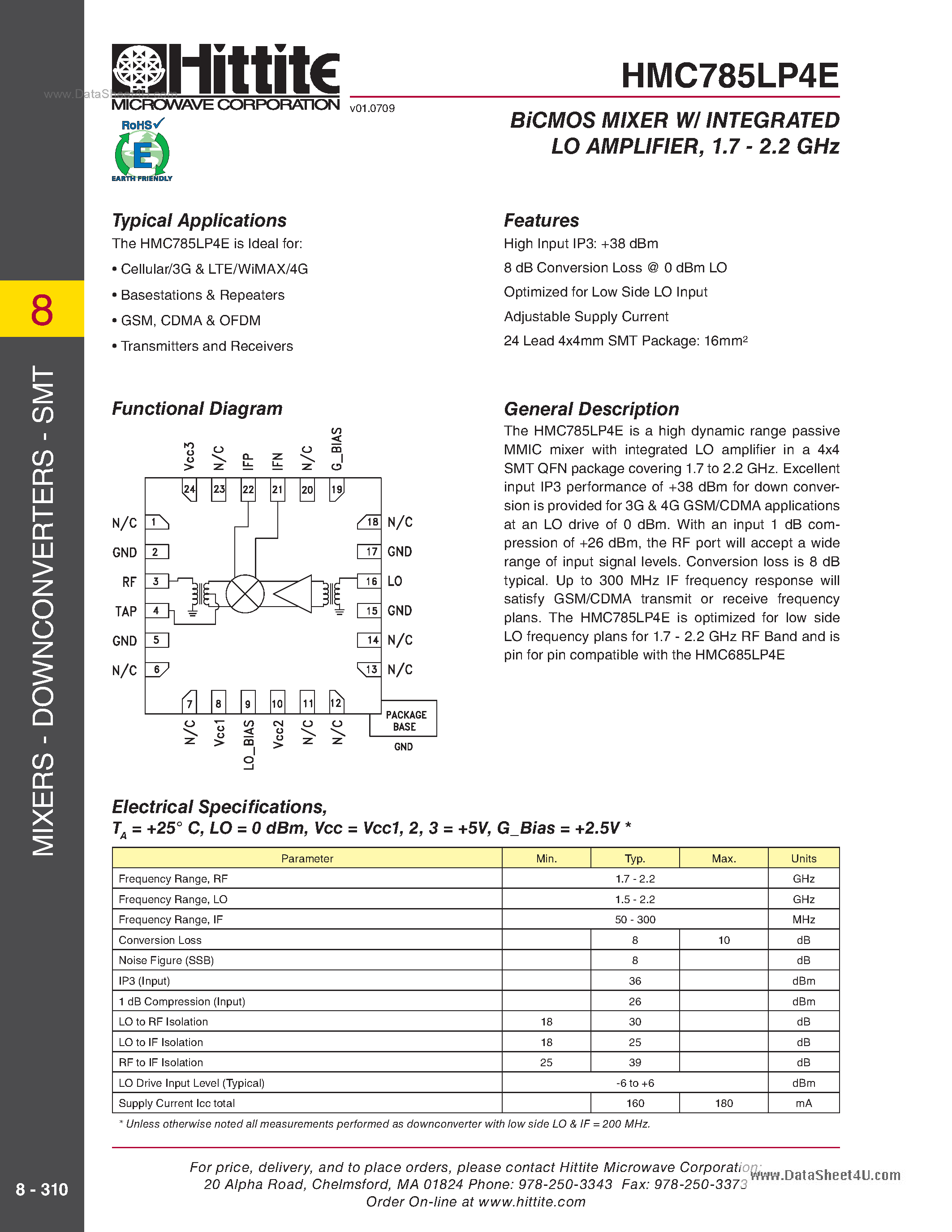 Datasheet HMC785LP4E page 1 Datasheet HMC785LP4E - BiCMOS Mixer W/Integrated LO Amplifier page 1