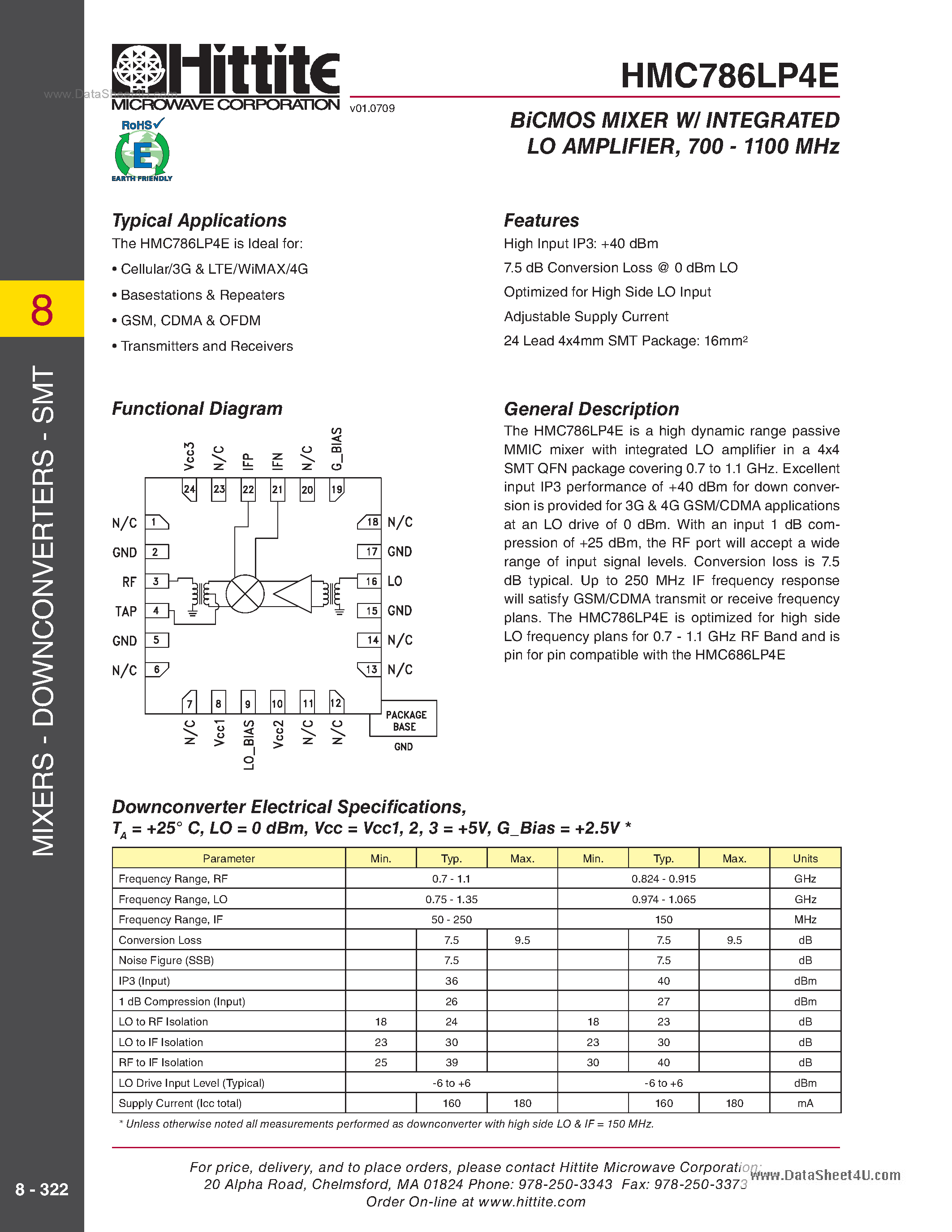 Datasheet HMC786LP4E - BiCMOS Mixer W/Integrated LO Amplifier page 1