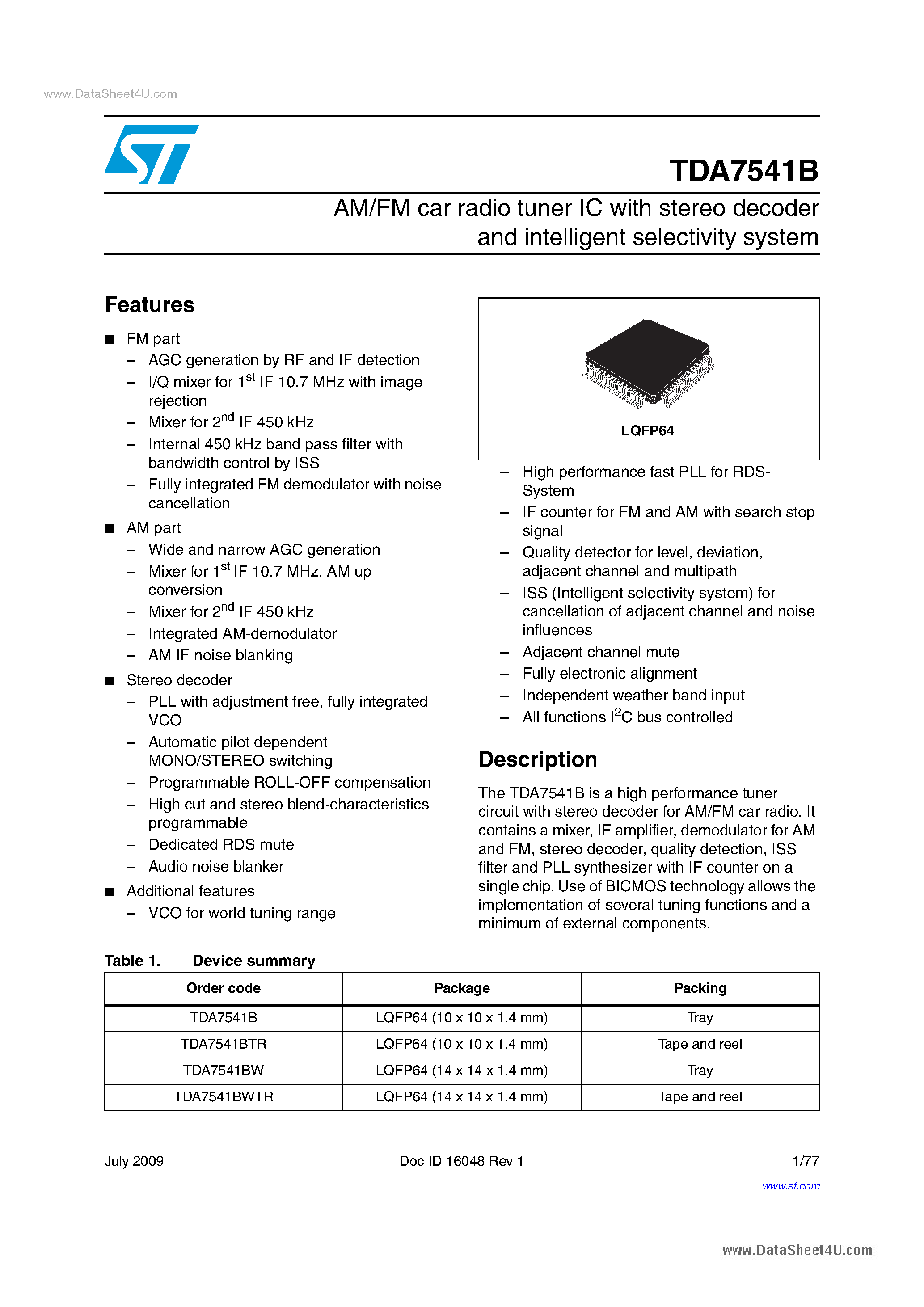 Datasheet TDA7541B - AM/FM Tuners page 1