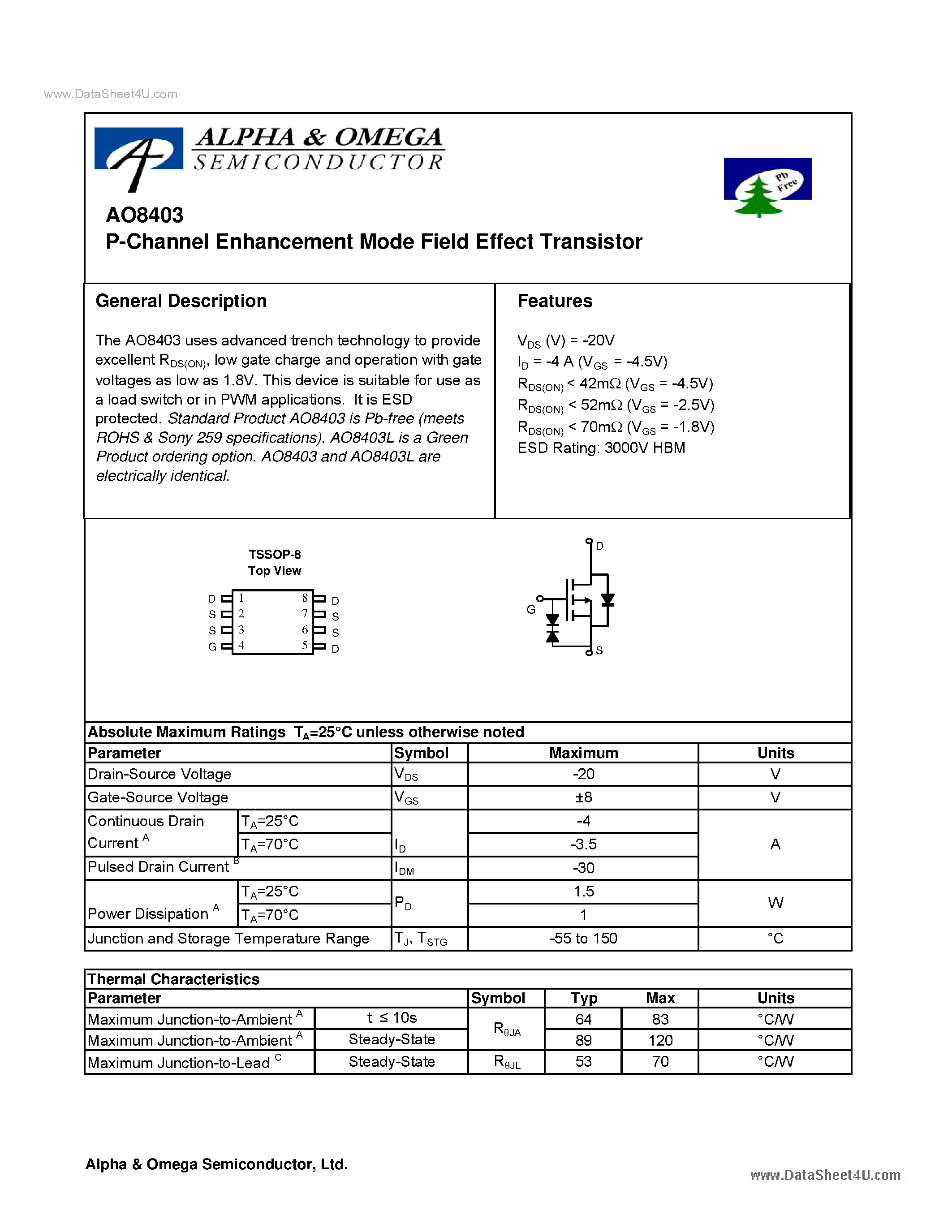Datasheet AO8403 - P-Channel Enhancement Mode Field Effect Transistor page 1