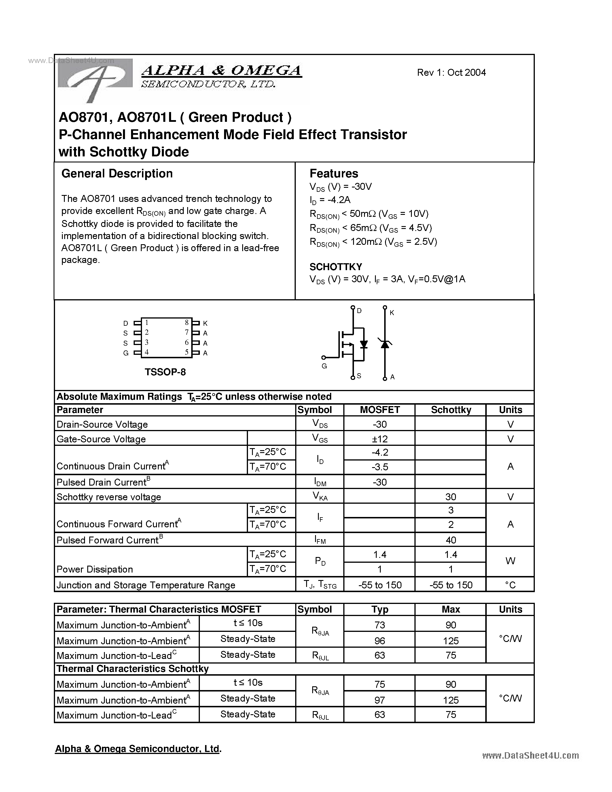 Datasheet AO8701 - P-Channel Enhancement Mode Field Effect Transistor page 1