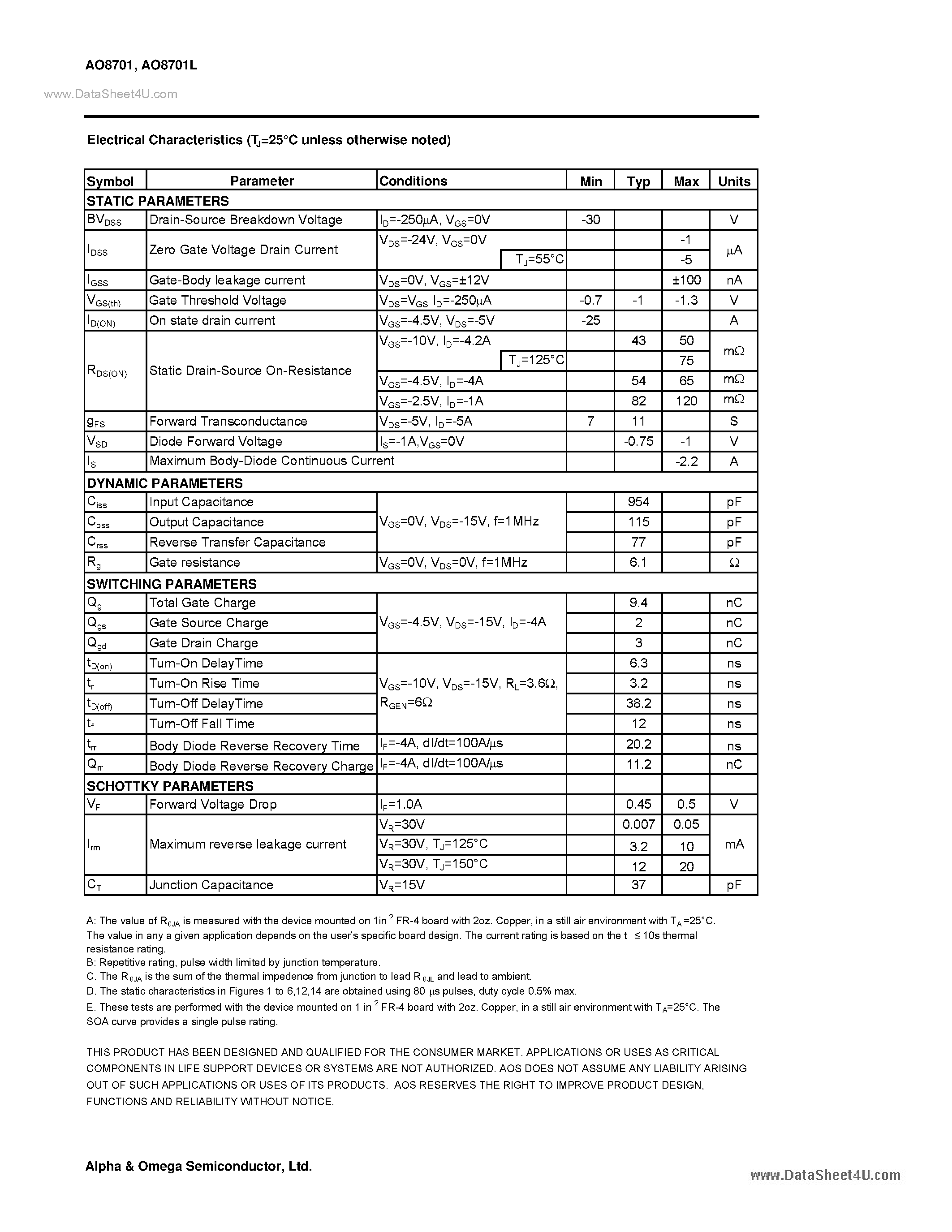 Datasheet AO8701 - P-Channel Enhancement Mode Field Effect Transistor page 2