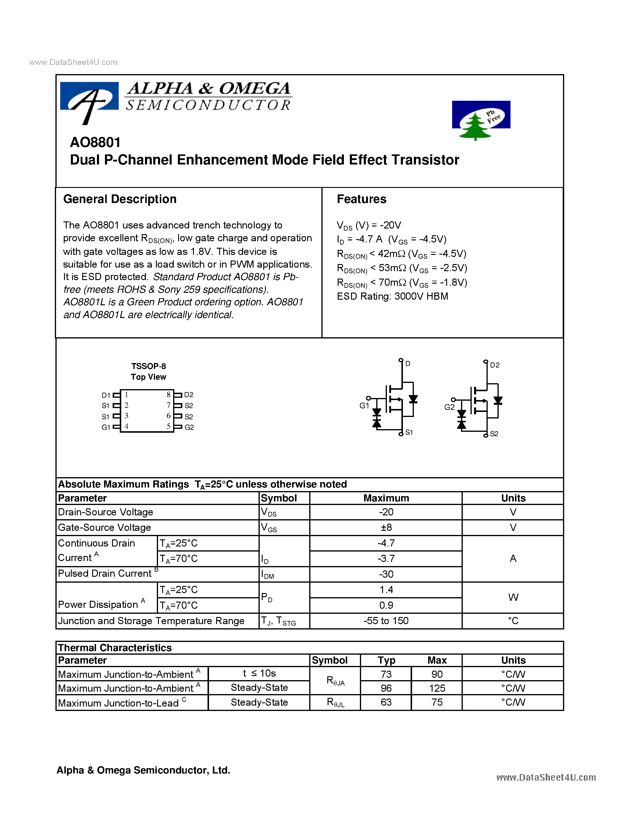 Datasheet AO8801 - Dual P-Channel Enhancement Mode Field Effect Transistor page 1