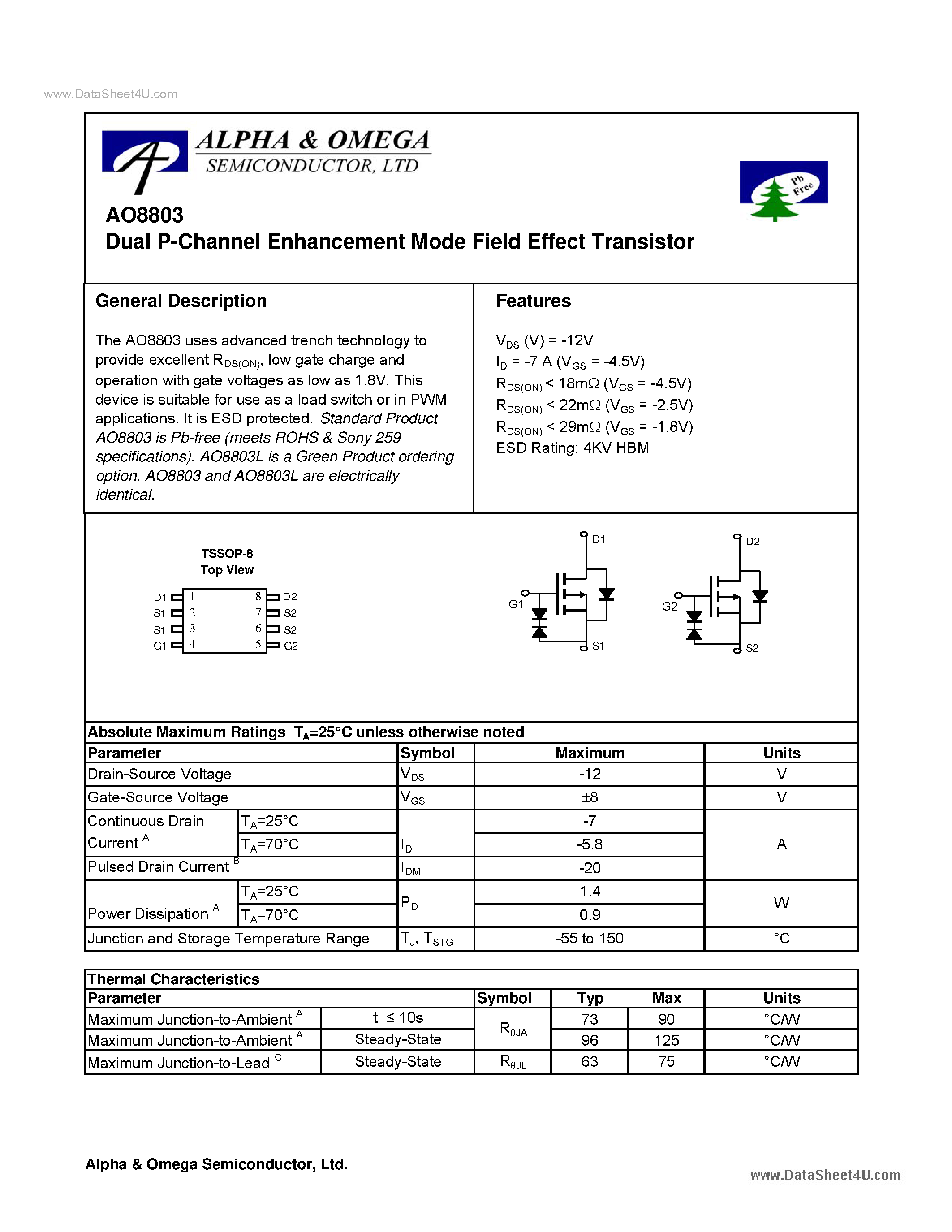 Datasheet AO8803 - Dual P-Channel Enhancement Mode Field Effect Transistor page 1
