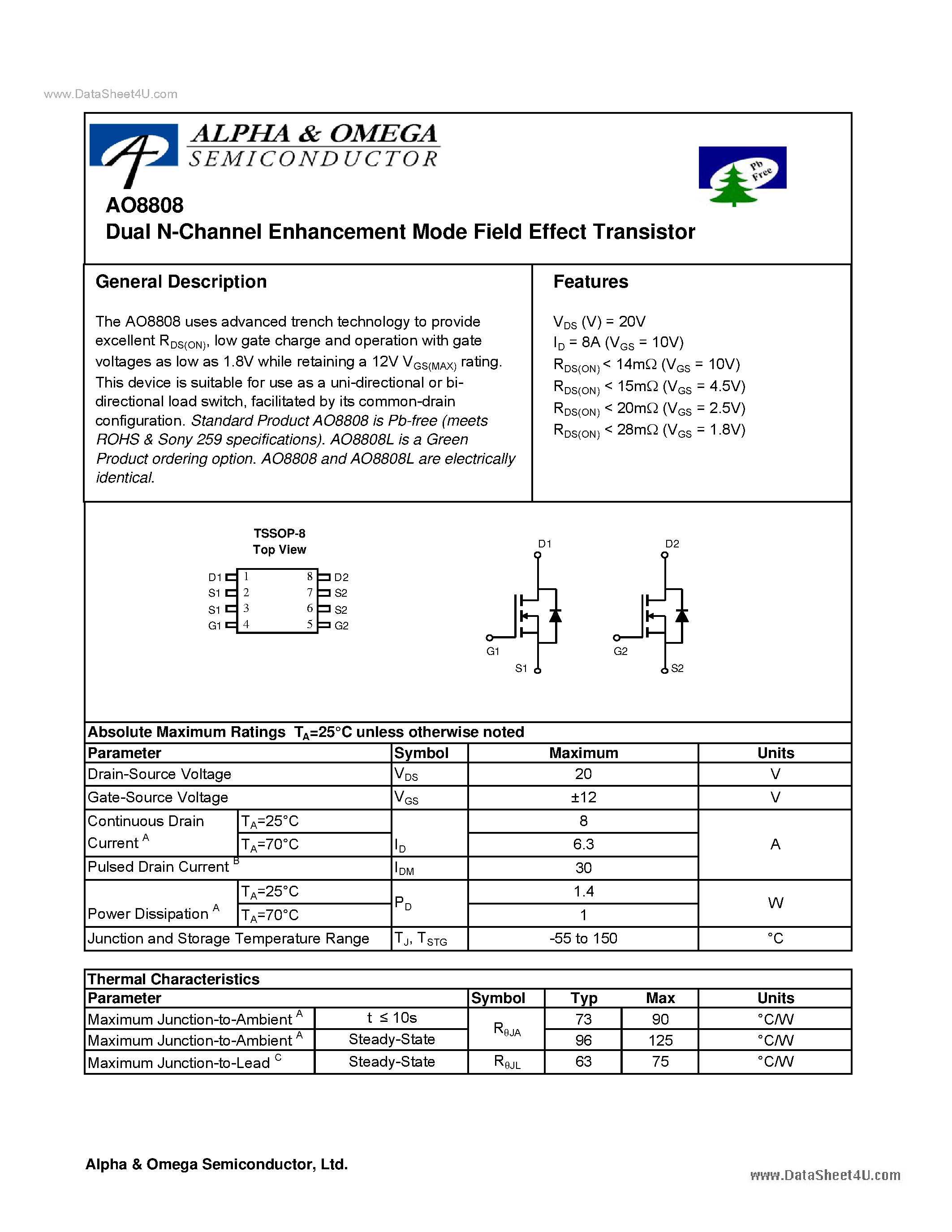 Datasheet AO8808 - Dual N-Channel Enhancement Mode Field Effect Transistor page 1