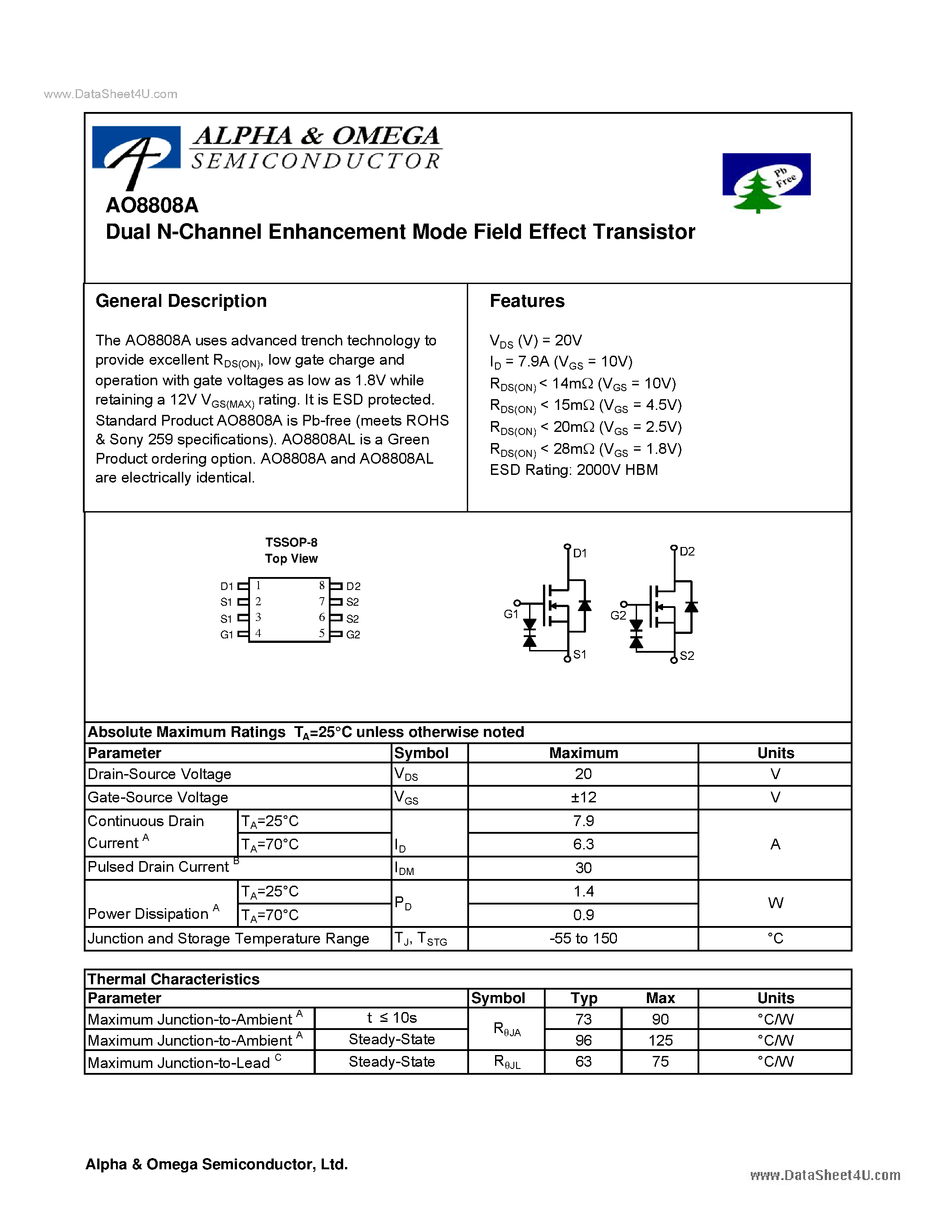 Datasheet AO8808A - Dual N-Channel Enhancement Mode Field Effect Transistor page 1