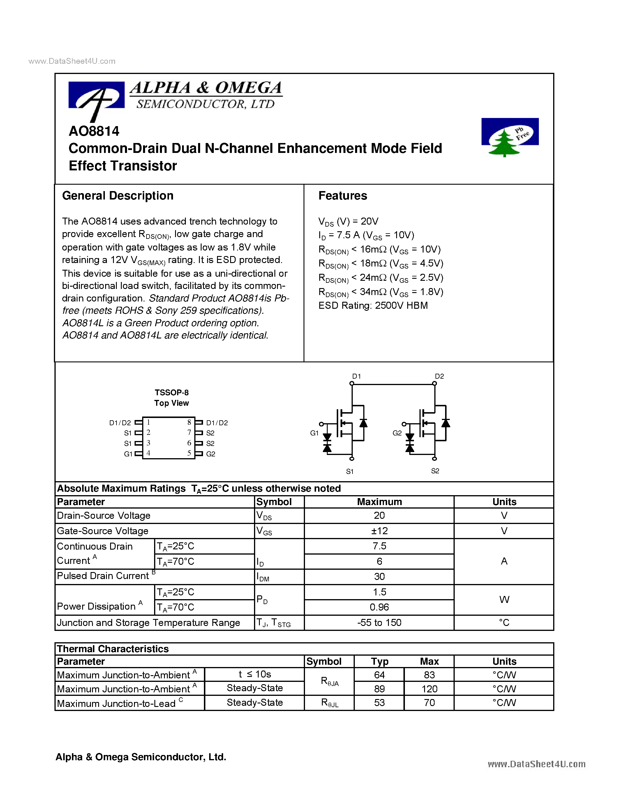 Datasheet AO8814 - Common-Drain Dual N-Channel Enhancement Mode Field Effect Transistor page 1