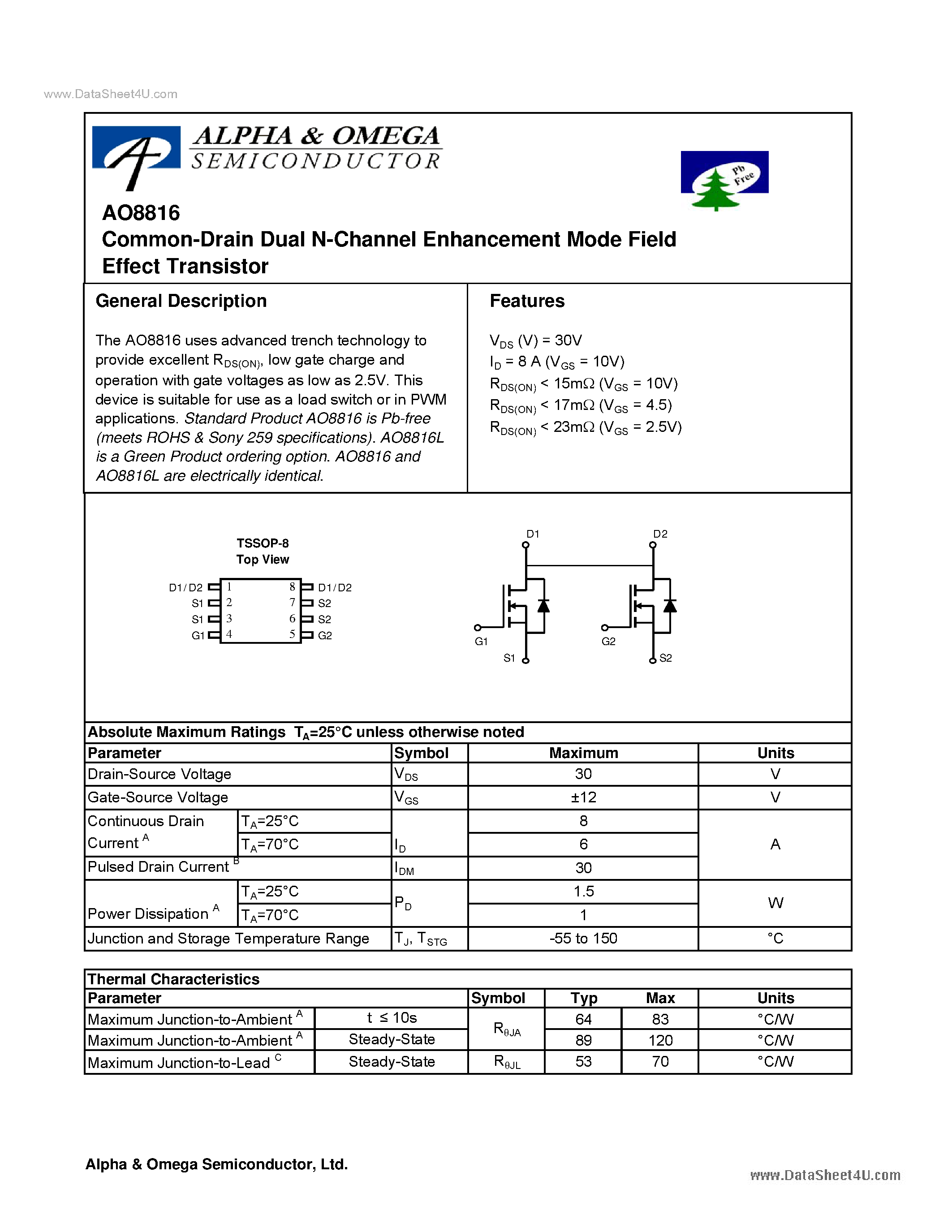 Datasheet AO8816 - Common-Drain Dual N-Channel Enhancement Mode Field Effect Transistor page 1