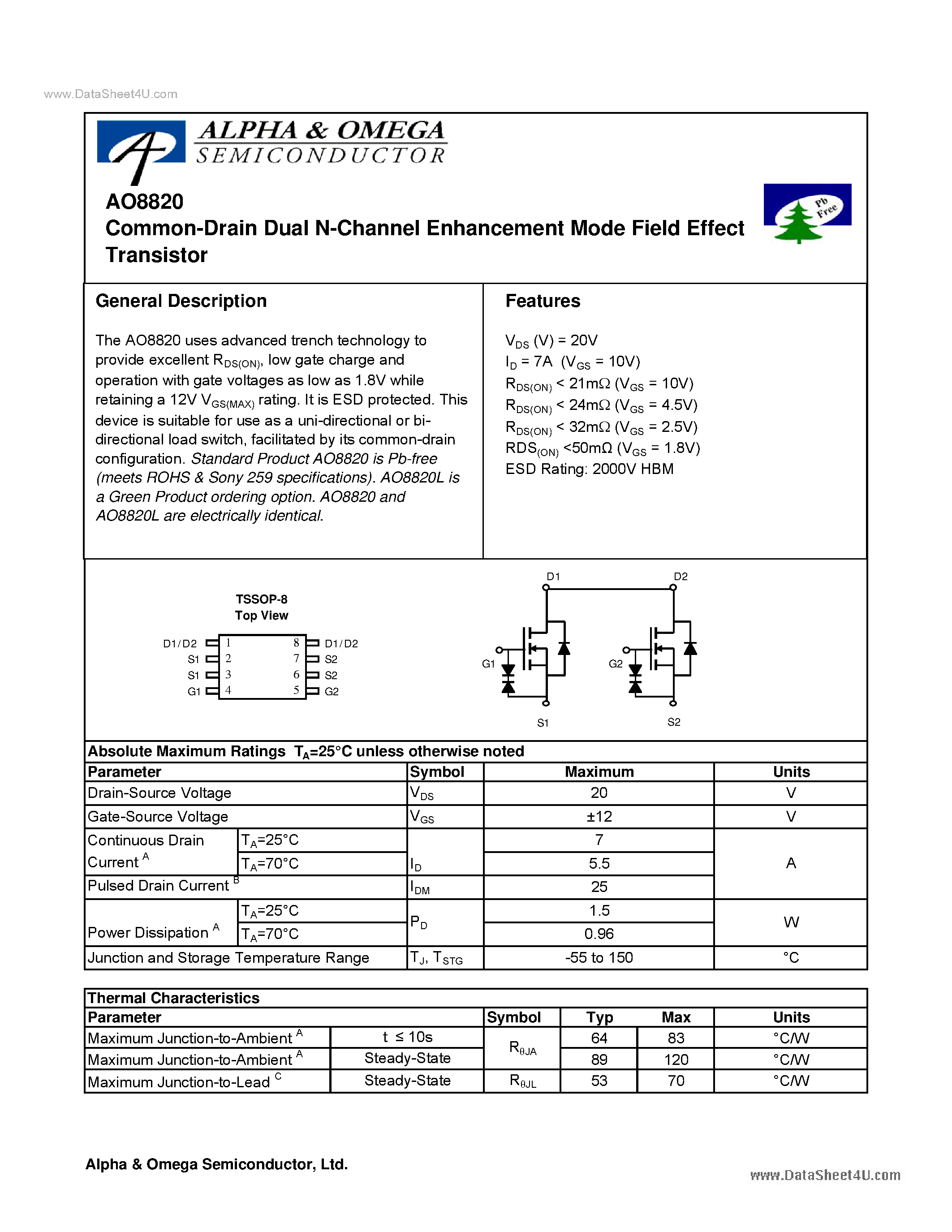 Datasheet AO8820 - Common-Drain Dual N-Channel Enhancement Mode Field Effect Transistor page 1