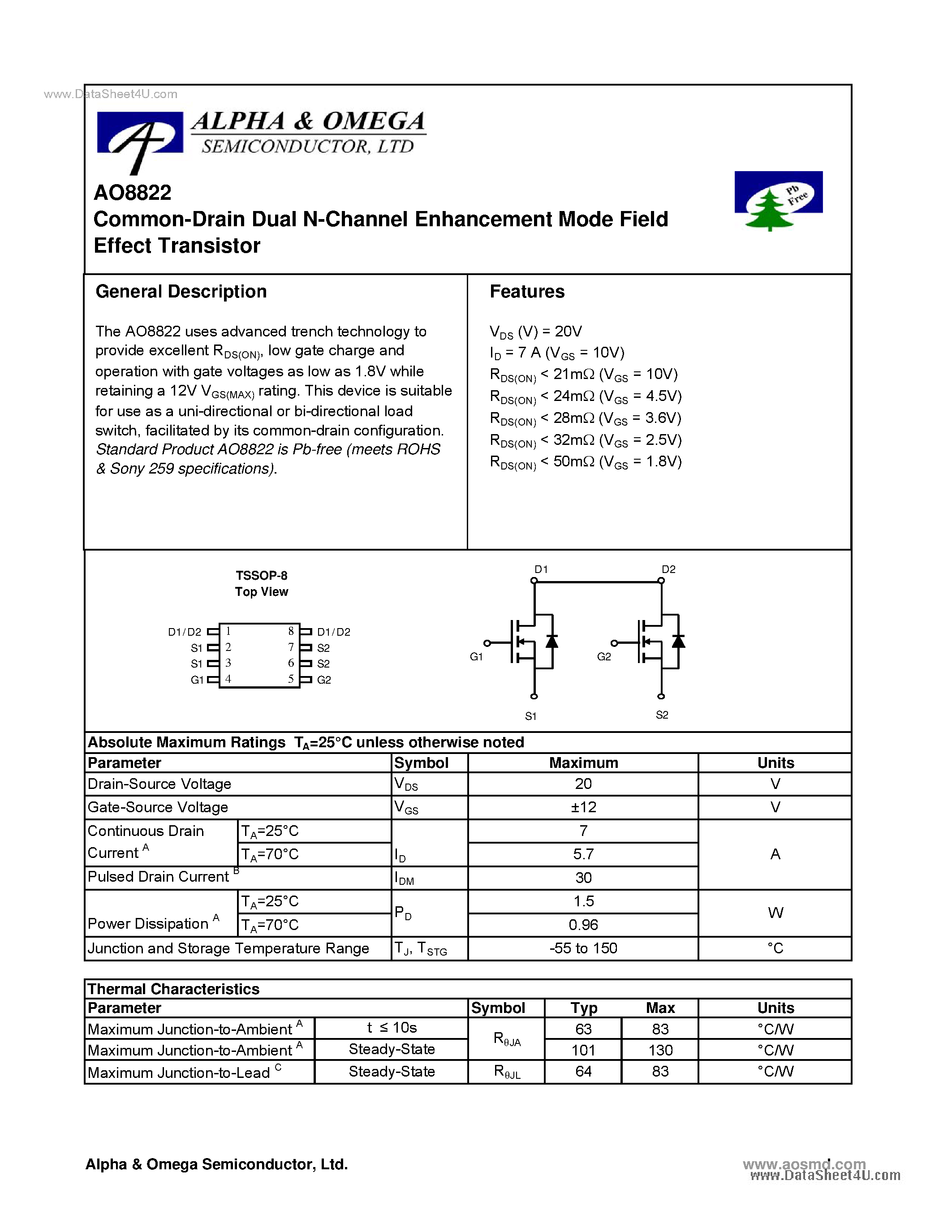 Datasheet AO8822 - Common-Drain Dual N-Channel Enhancement Mode Field Effect Transistor page 1
