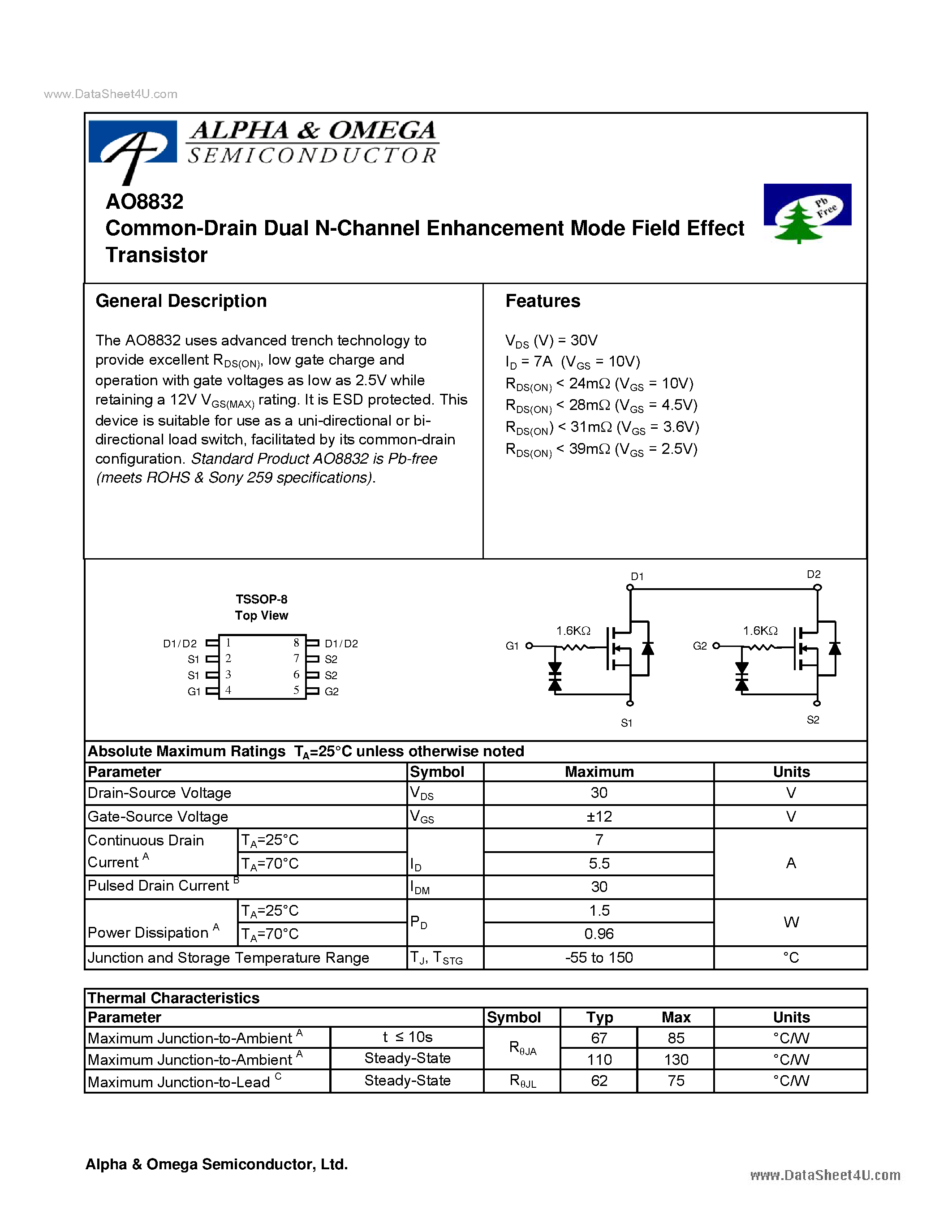 Datasheet AO8832 - Common-Drain Dual N-Channel Enhancement Mode Field Effect Transistor page 1