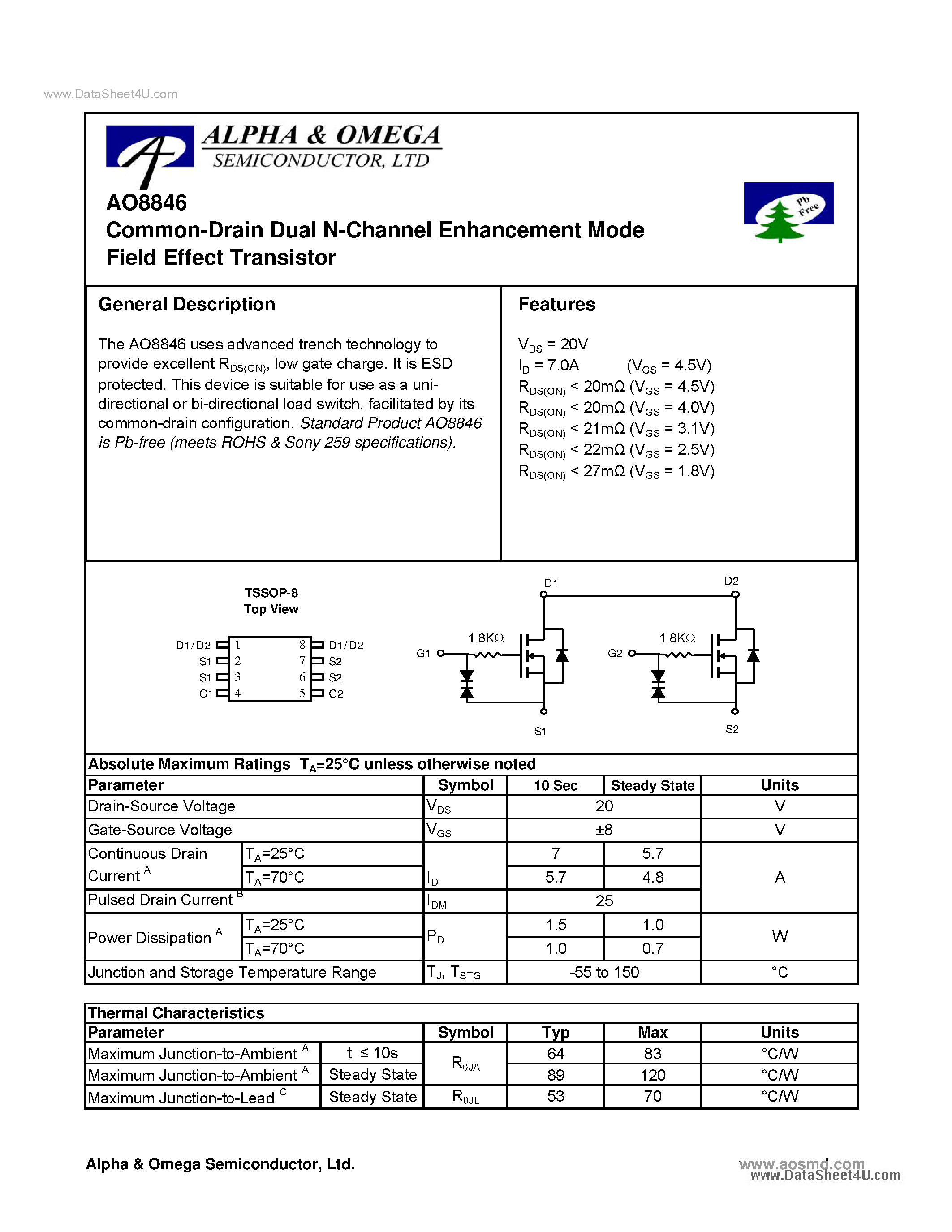 Datasheet AO8846 - Common-Drain Dual N-Channel Enhancement Mode Field Effect Transistor page 1