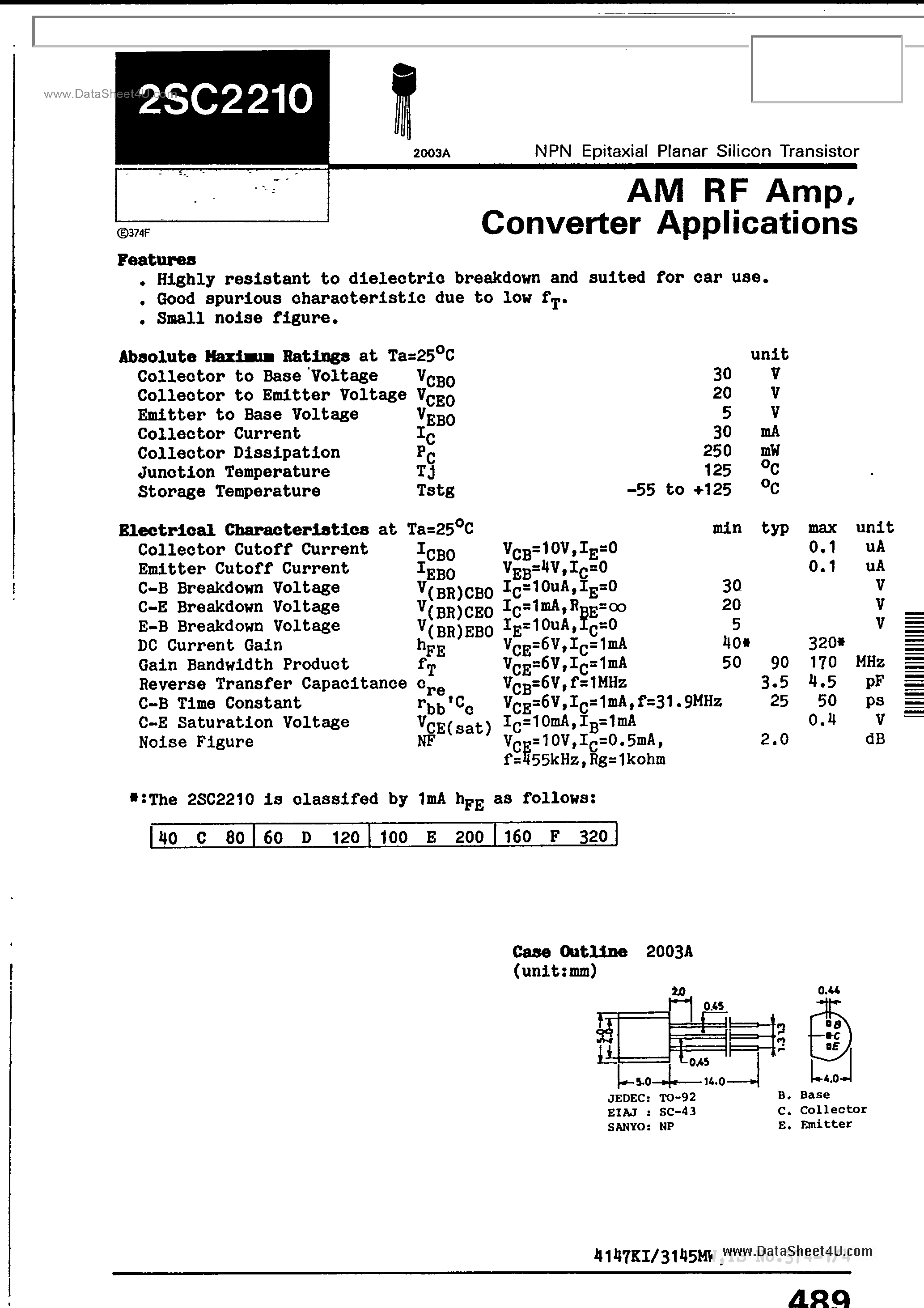 Datasheet 2SC2210 page 1 Datasheet 2SC2210 - AM RF Amp page 1
