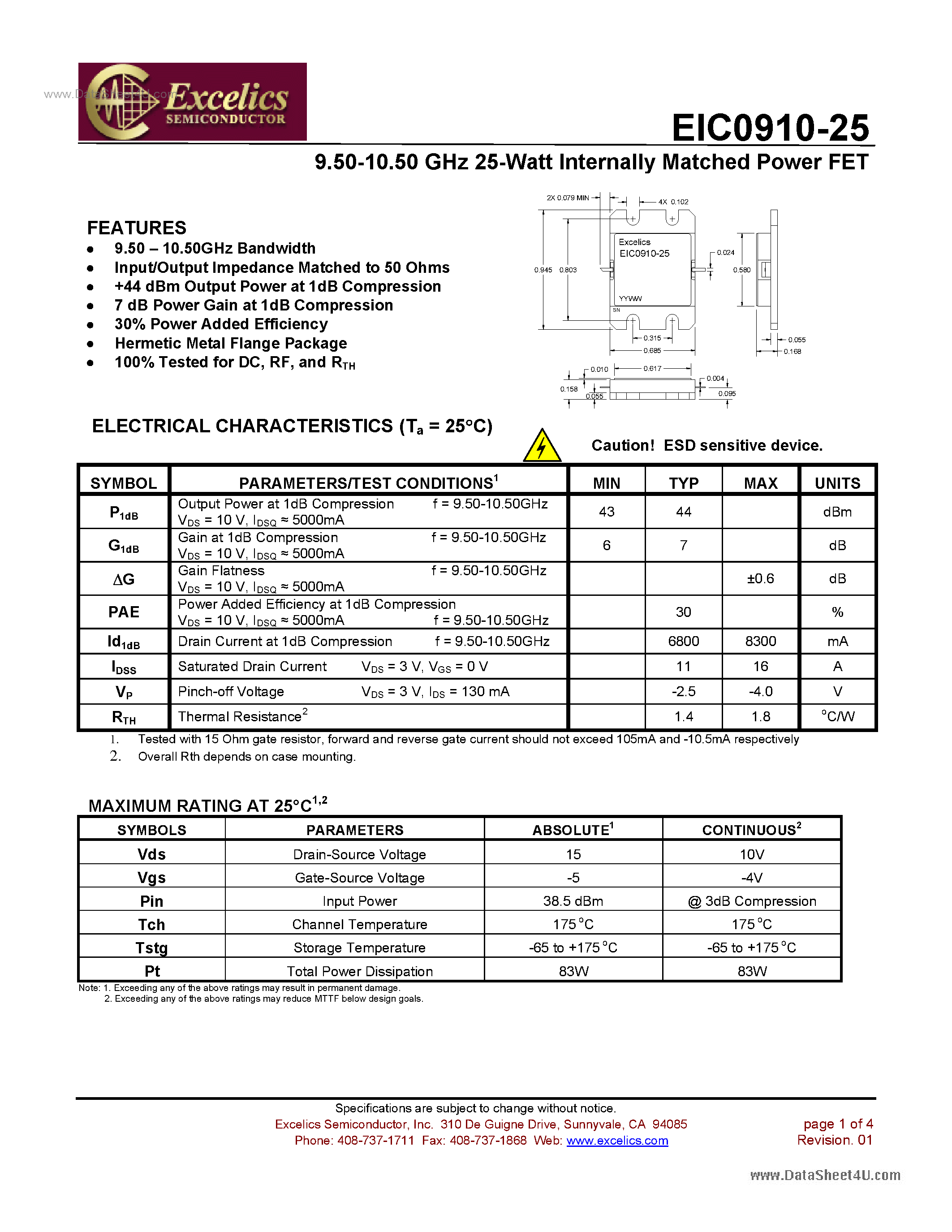 Даташит EIC0910-25 - 9.50-10.50 GHz 25-Watt Internally Matched Power FET страница 1