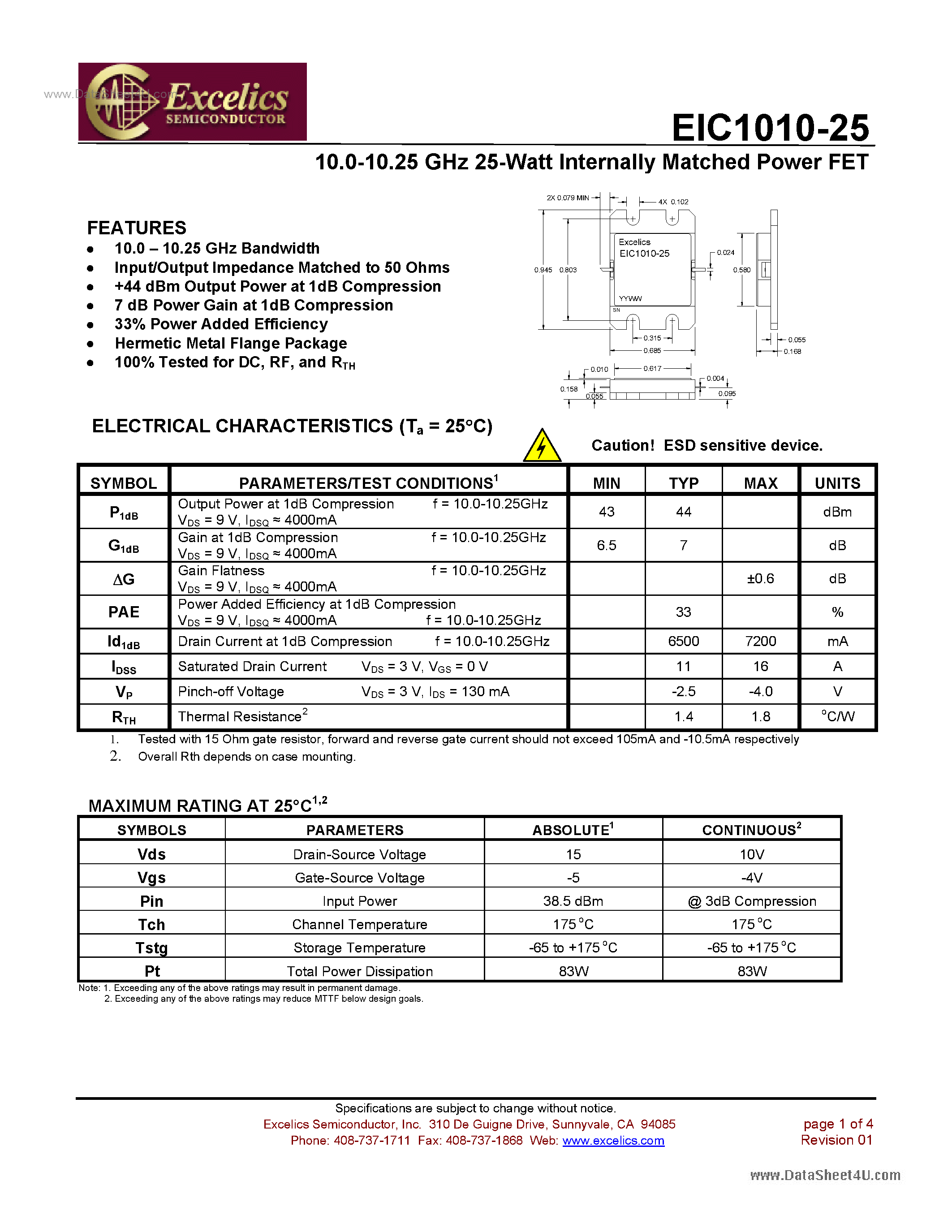 Datasheet EIC1010-25 - 9.50-10.50 GHz 25-Watt Internally Matched Power FET page 1