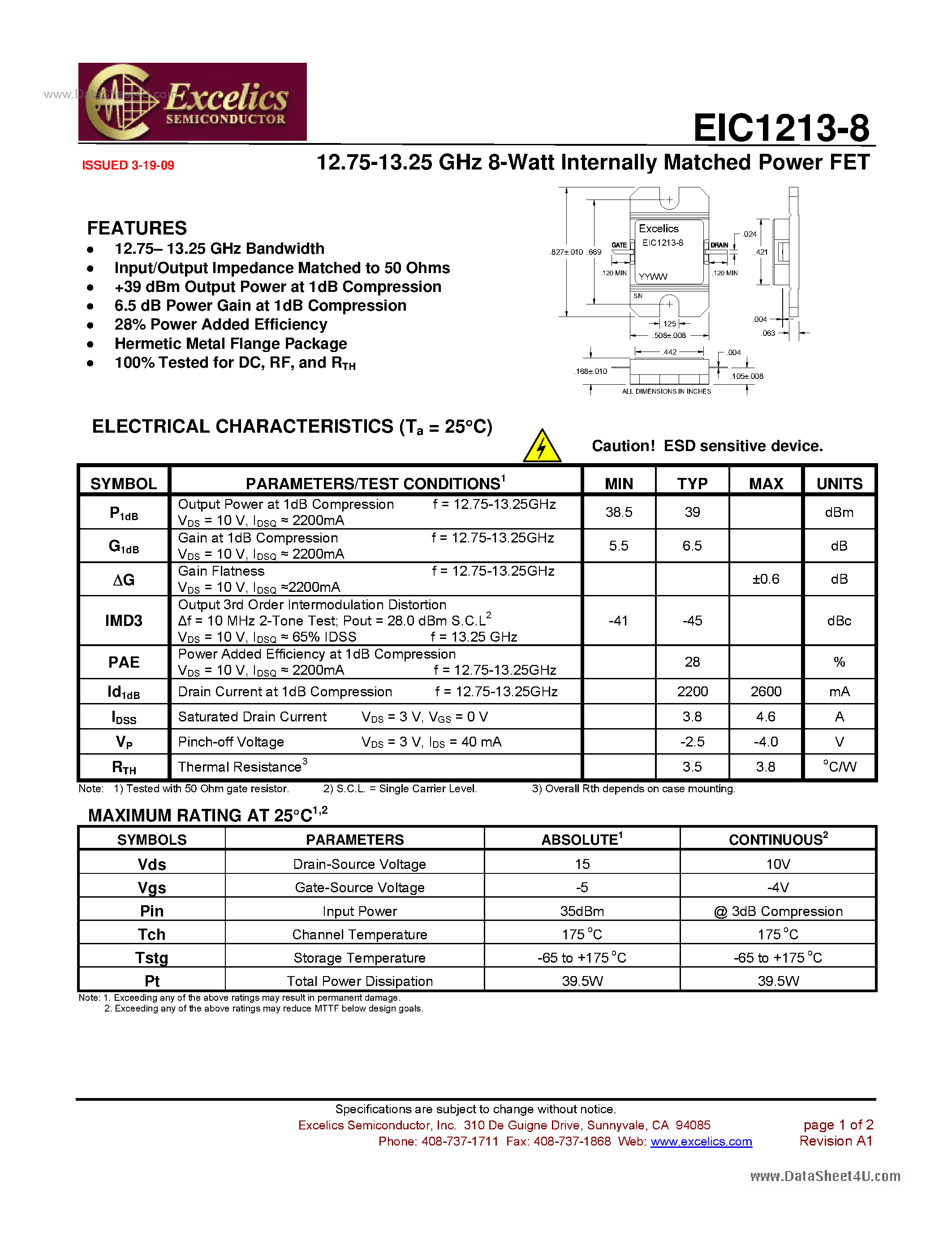 Datasheet EIC1213-8 - 9.50-10.50 GHz 25-Watt Internally Matched Power FET page 1