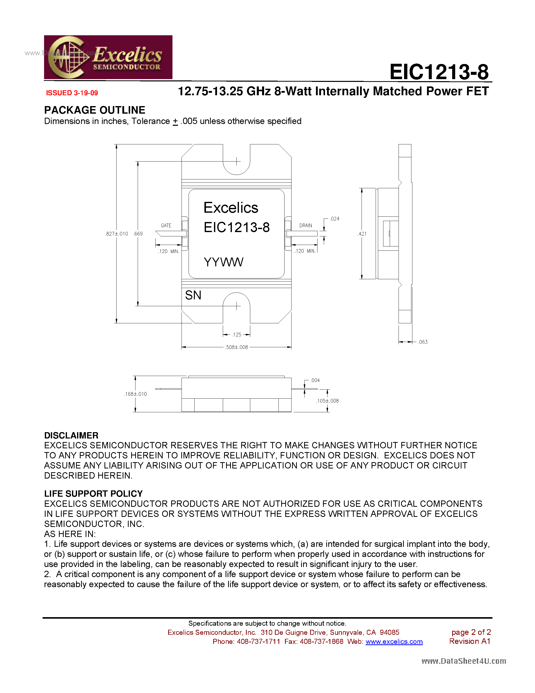 Datasheet EIC1213-8 - 9.50-10.50 GHz 25-Watt Internally Matched Power FET page 2