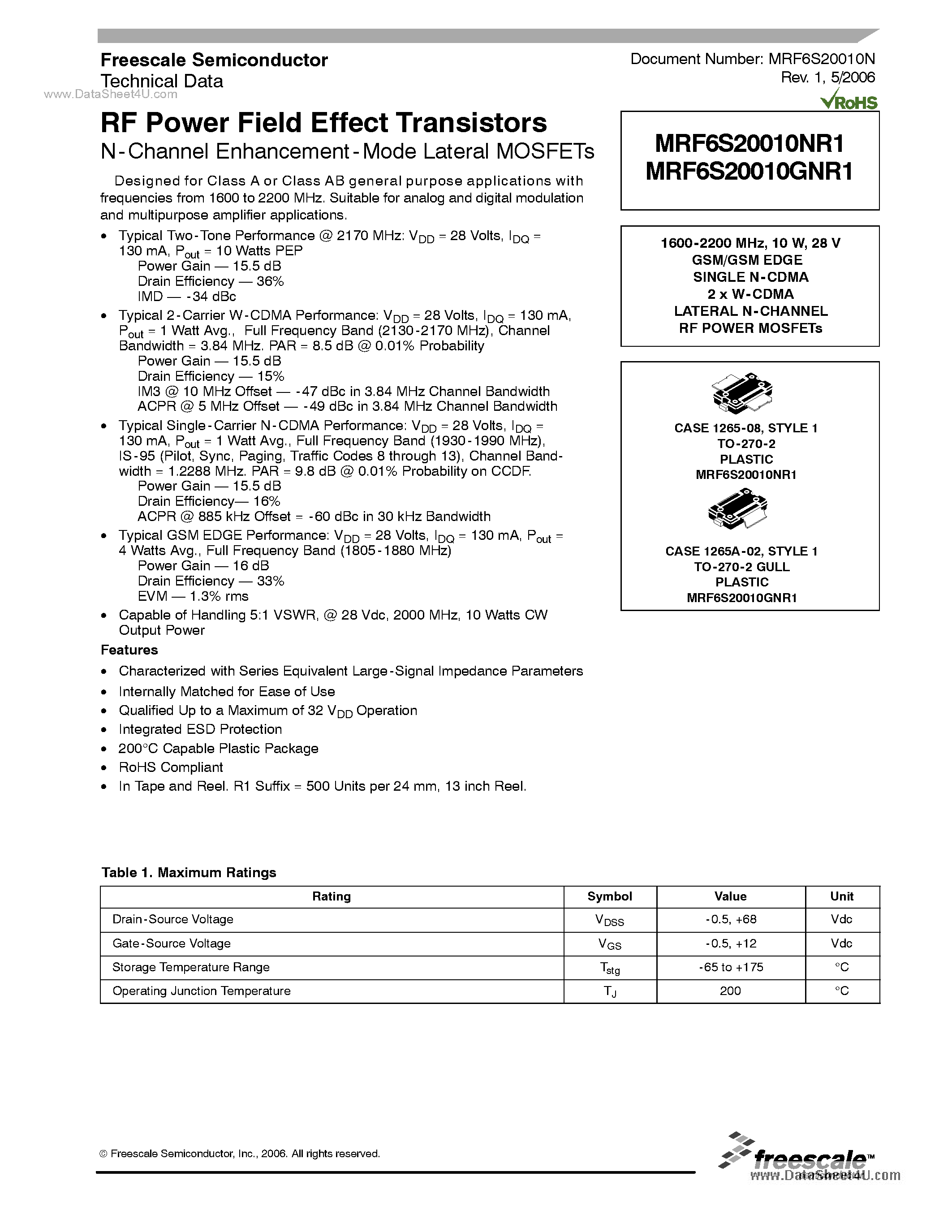 Datasheet MRF6S20010GNR1 page 1 Datasheet MRF6S20010GNR1 - RF Power Field Effect Transistors page 1