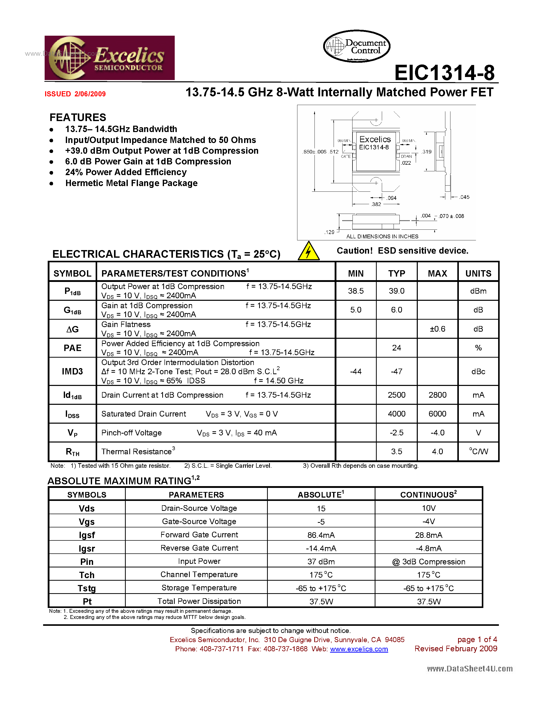 Datasheet EIC1314-8 - 12.75-13.25 GHz 12-Watt Internally Matched Power FET page 1