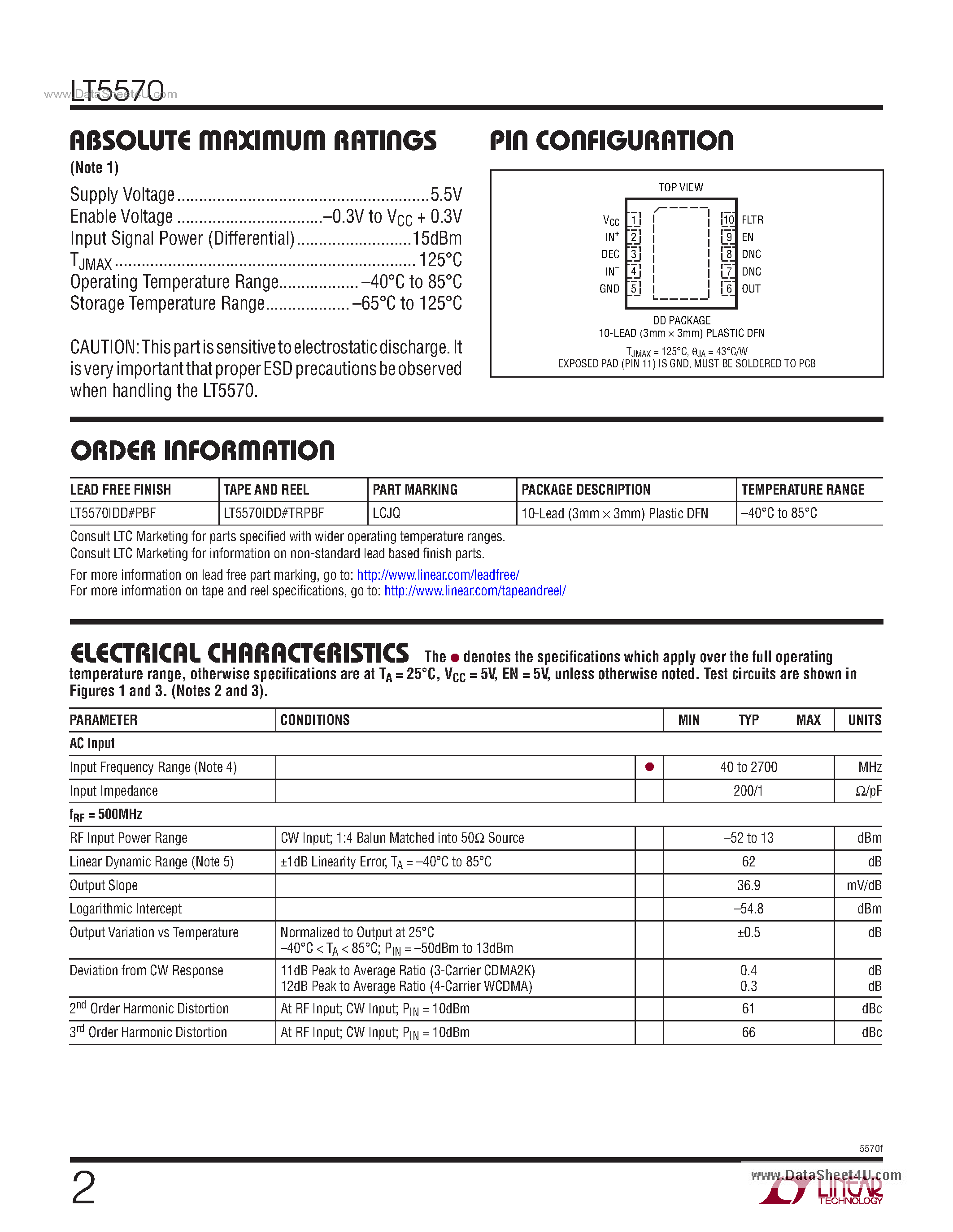 Даташит LT5570 - 40MHz to 2.7GHz Mean-Squared Power Detector страница 2