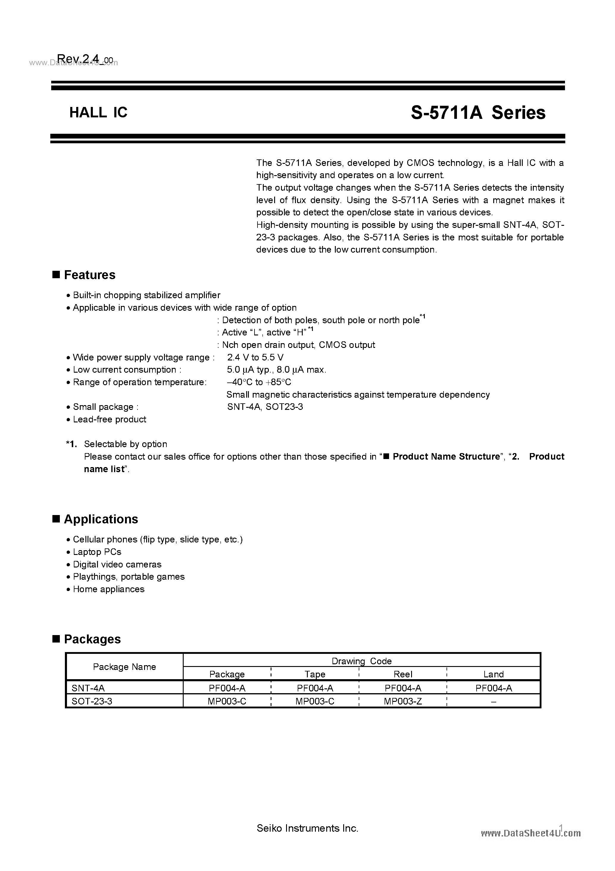 Datasheet S-5711A page 1 Datasheet S-5711A - HALL IC page 1