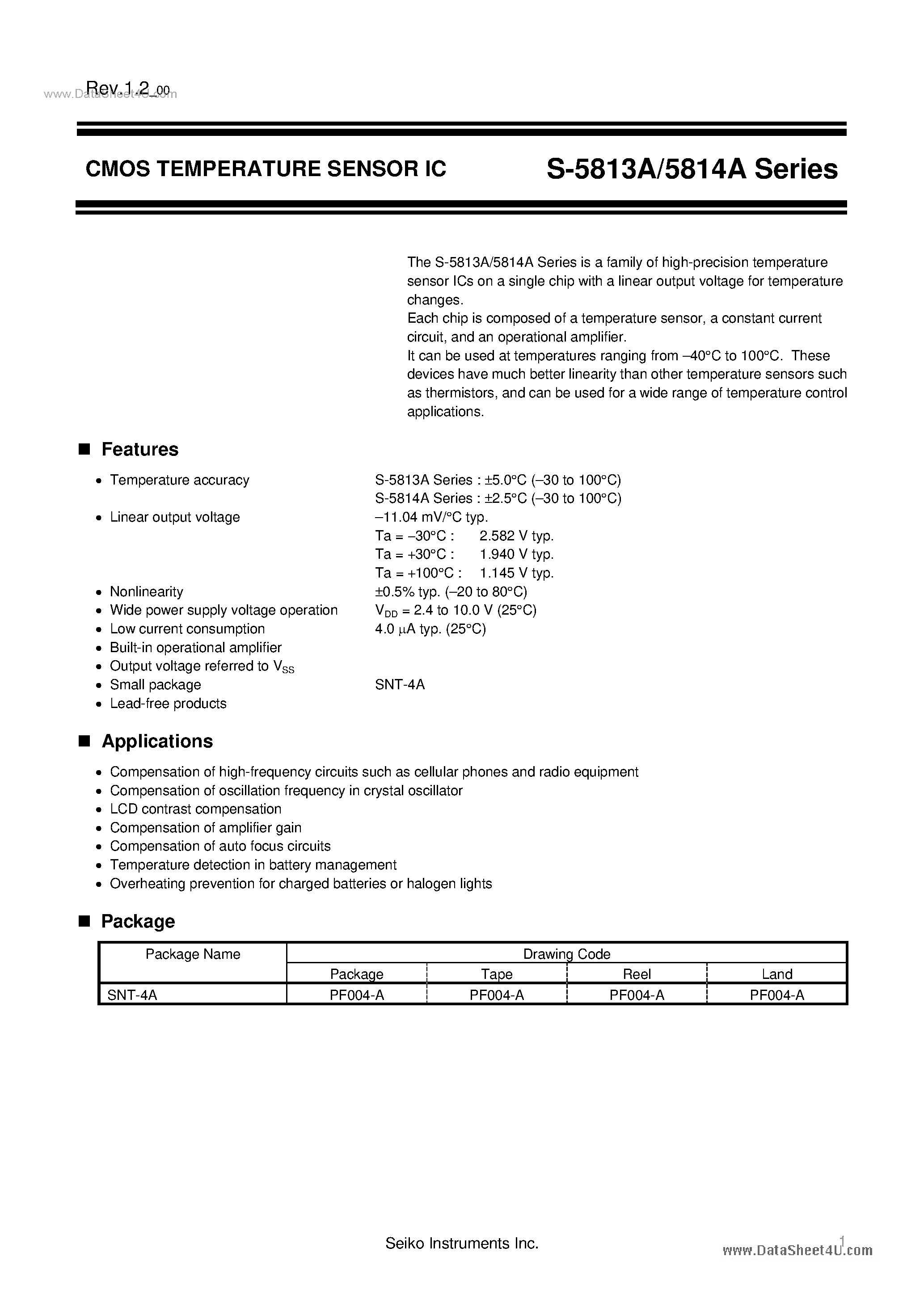 Datasheet S-5813A page 1 Datasheet S-5813A - (S-5813A / S-5814A) CMOS TEMPERATURE SENSOR IC page 1