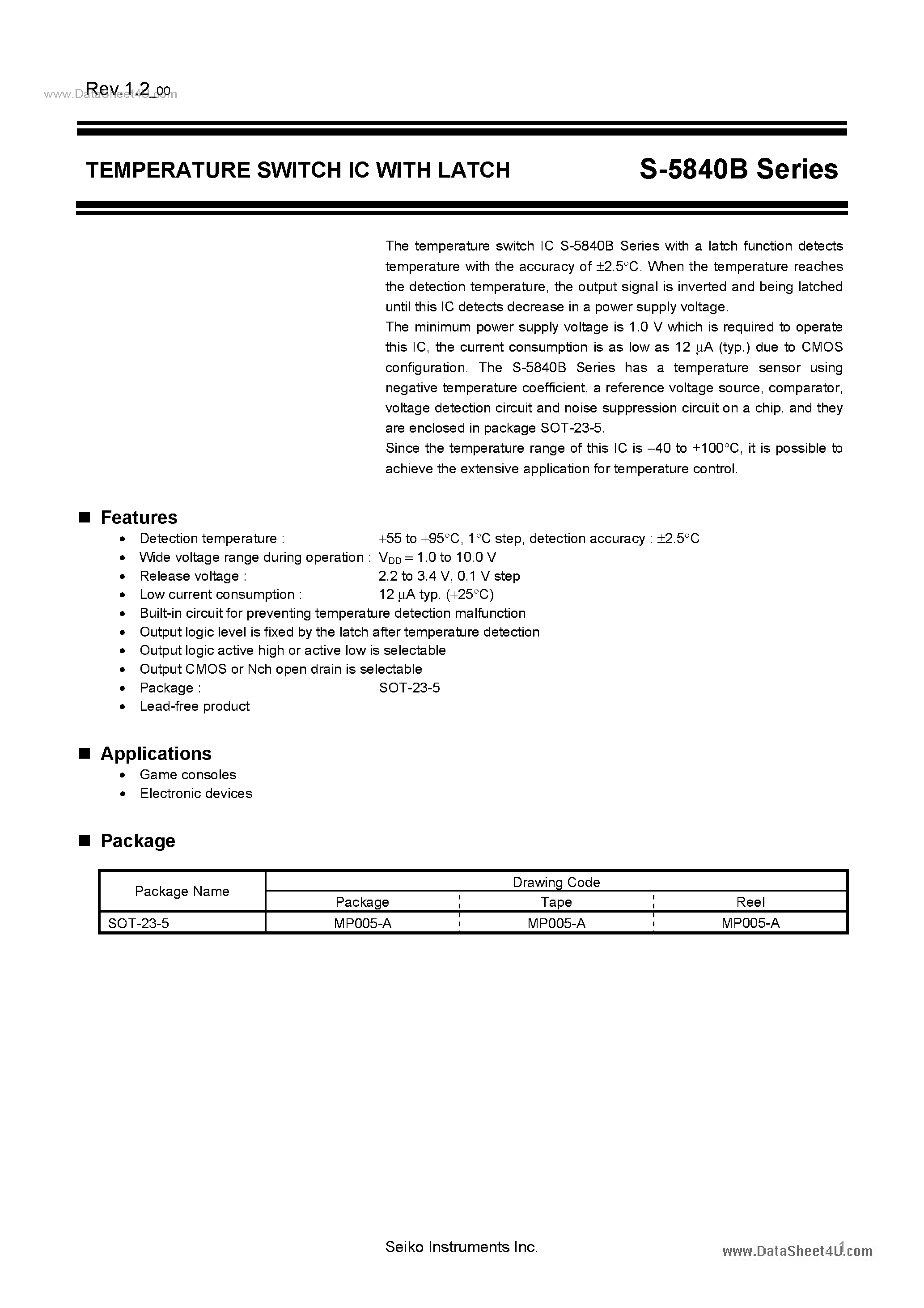 Datasheet S-5840B page 1 Datasheet S-5840B - TEMPERATURE SWITCH IC page 1