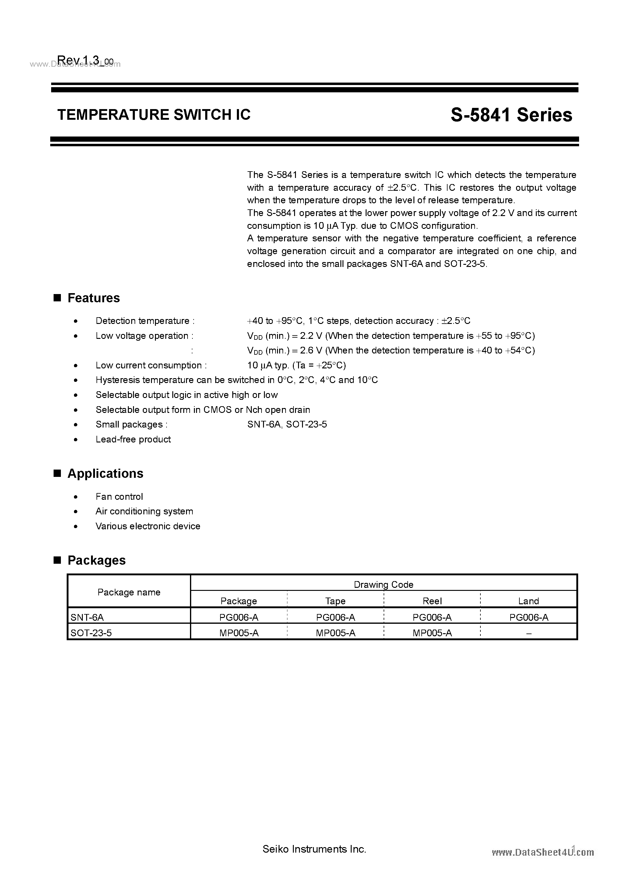 Datasheet S-5841 - TEMPERATURE SWITCH IC page 1