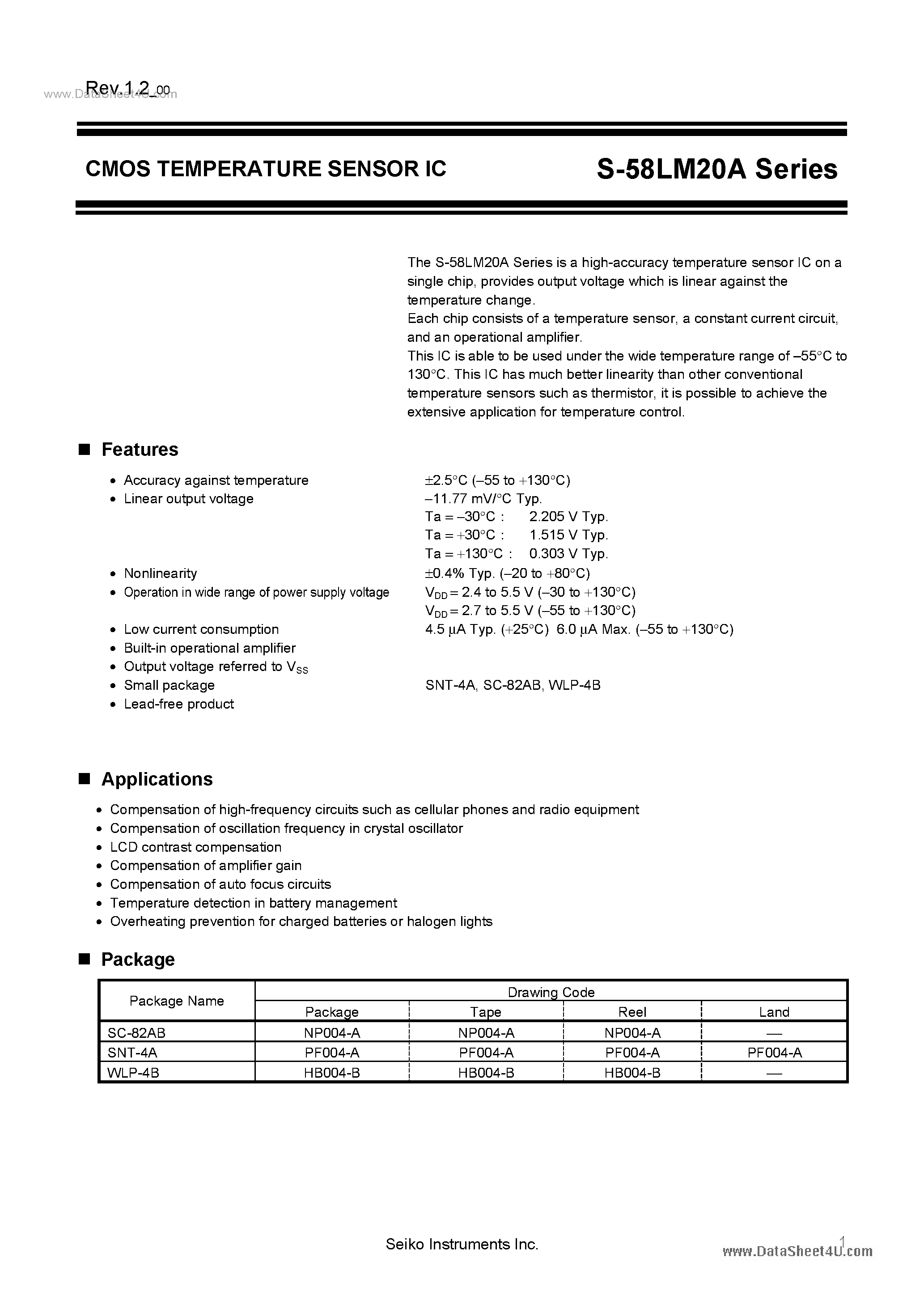Datasheet S-58LM20A page 1 Datasheet S-58LM20A - CMOS TEMPERATURE SENSOR IC page 1