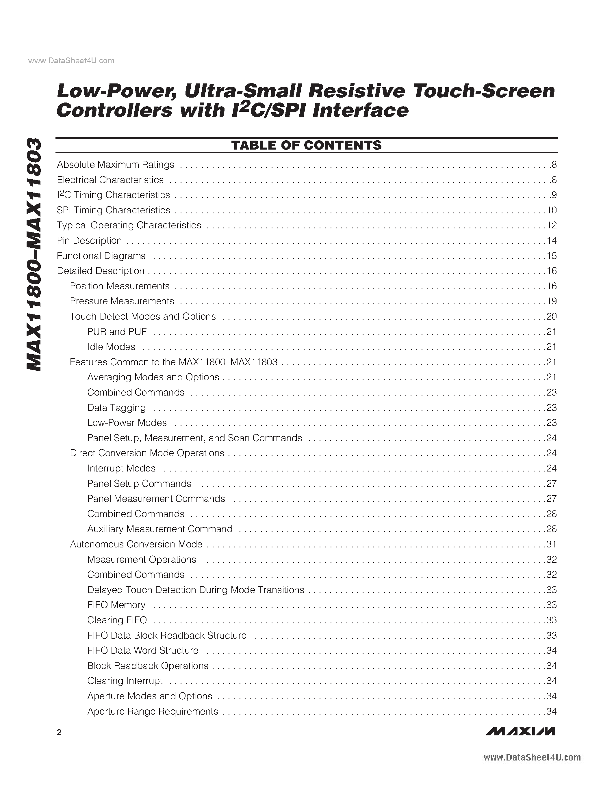 Даташит на микросхему MAX11800 страница 2 Даташит MAX11800 - (MAX11800 - MAX11803) Ultra-Small Resistive Touch-Screen Controllers страница 2