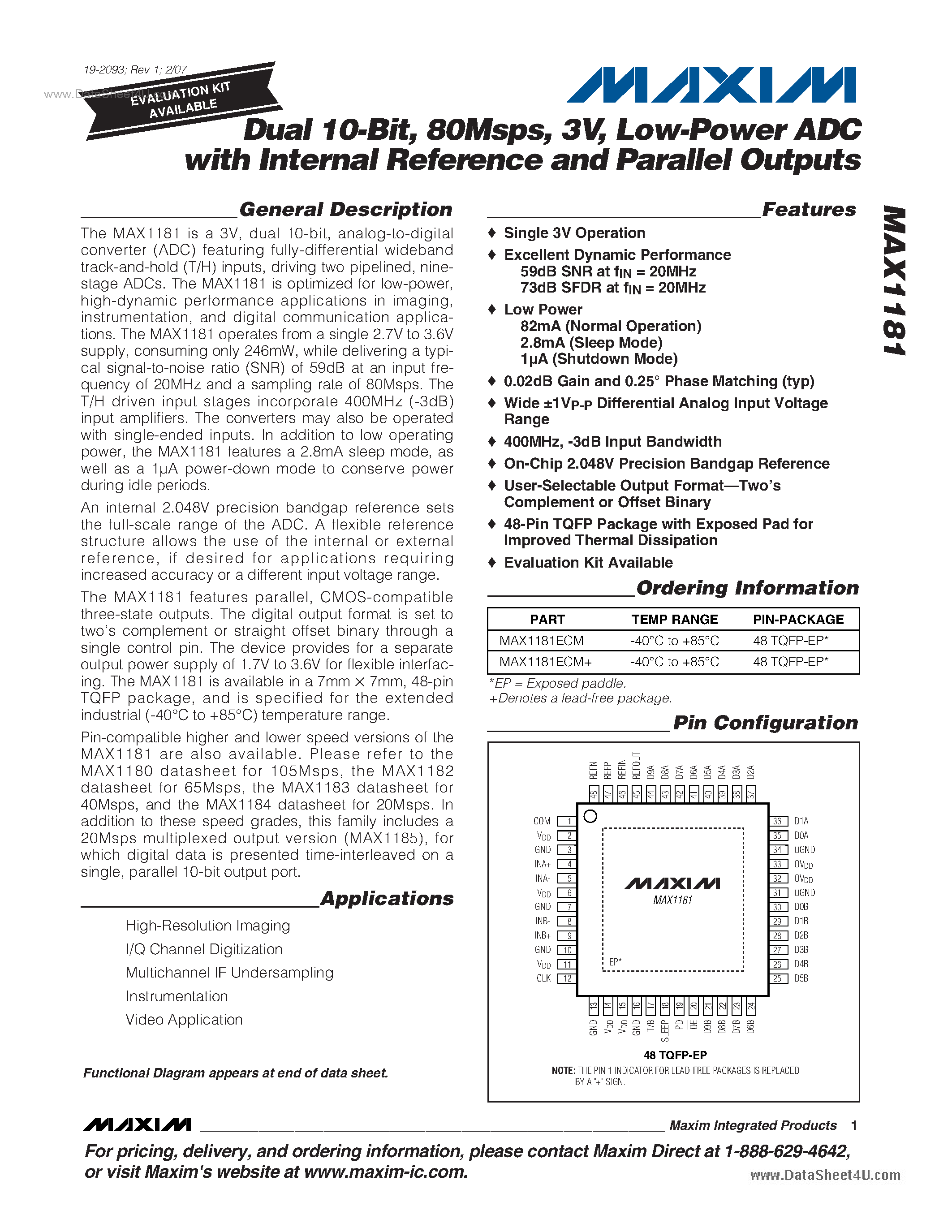 Datasheet MAX1181 - Low-Power ADC page 1