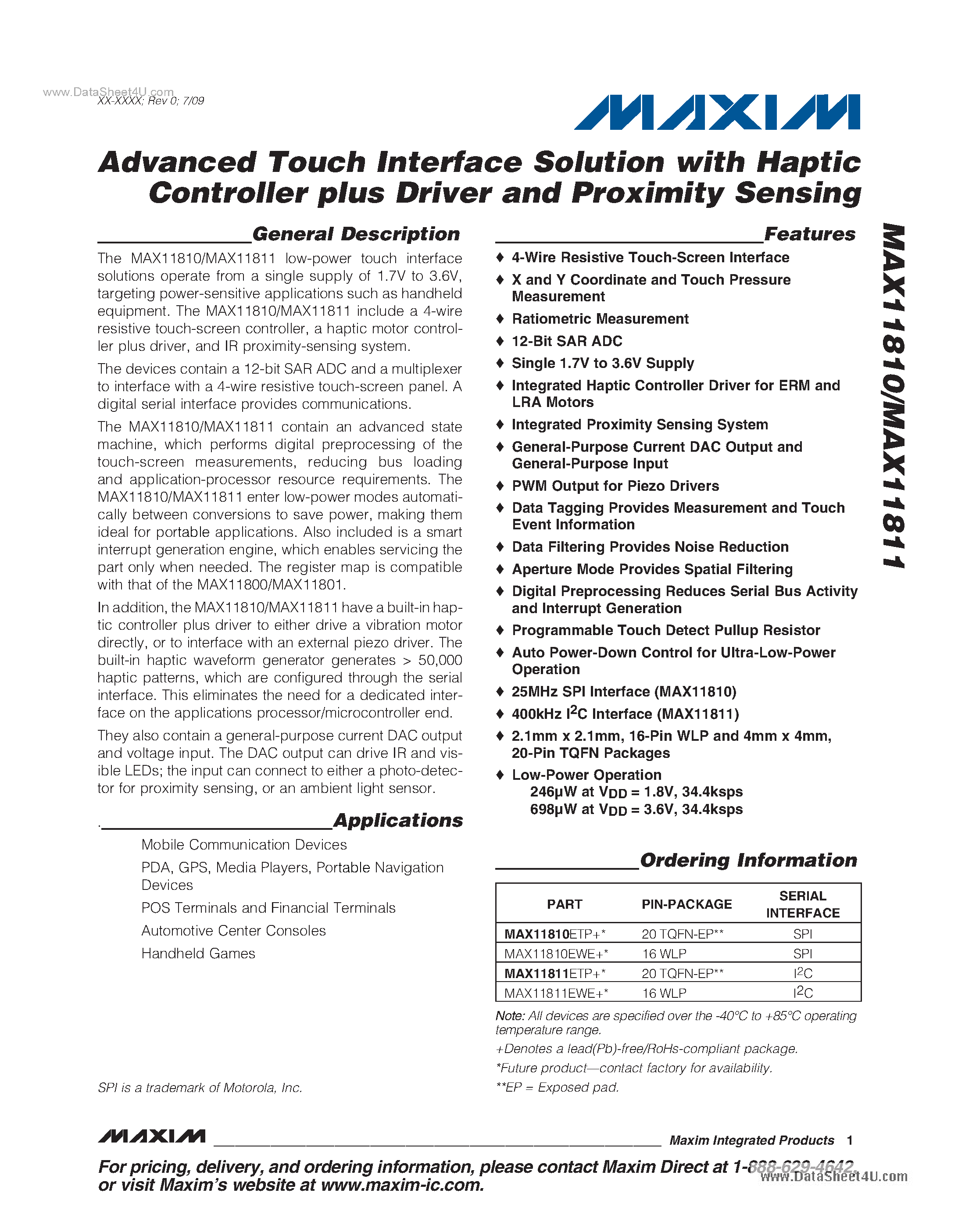 Datasheet MAX11810 page 1 Datasheet MAX11810 - (MAX11810 / MAX11811) Advanced Touch Interface Solution page 1