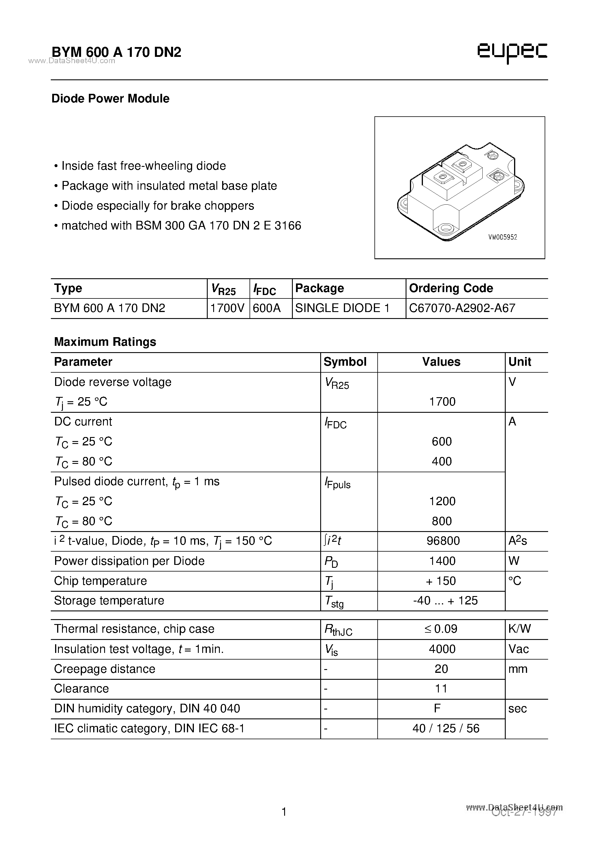 Datasheet BYM600A170DN2 page 1 Datasheet BYM600A170DN2 - Diode Power Module page 1