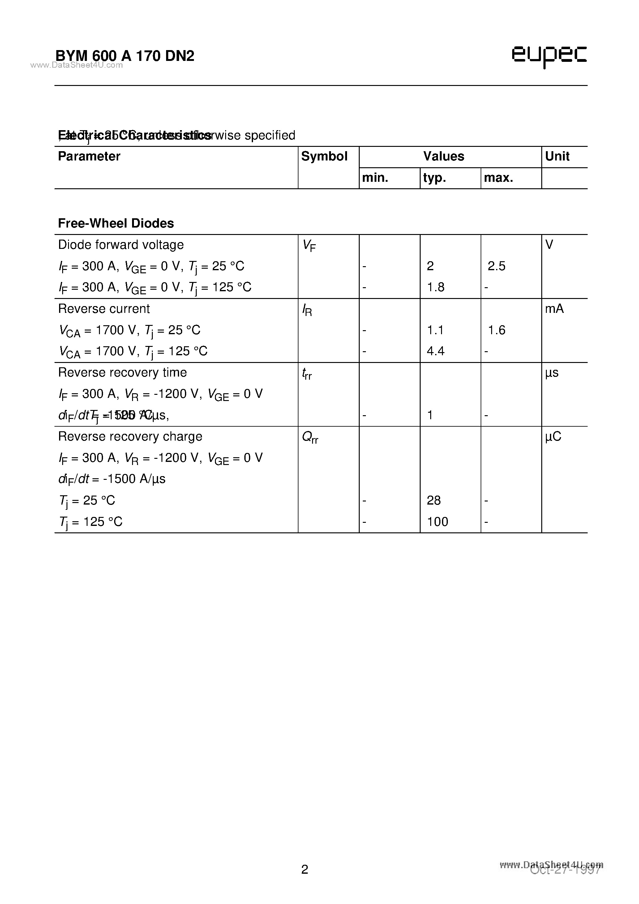 Datasheet BYM600A170DN2 page 2 Datasheet BYM600A170DN2 - Diode Power Module page 2