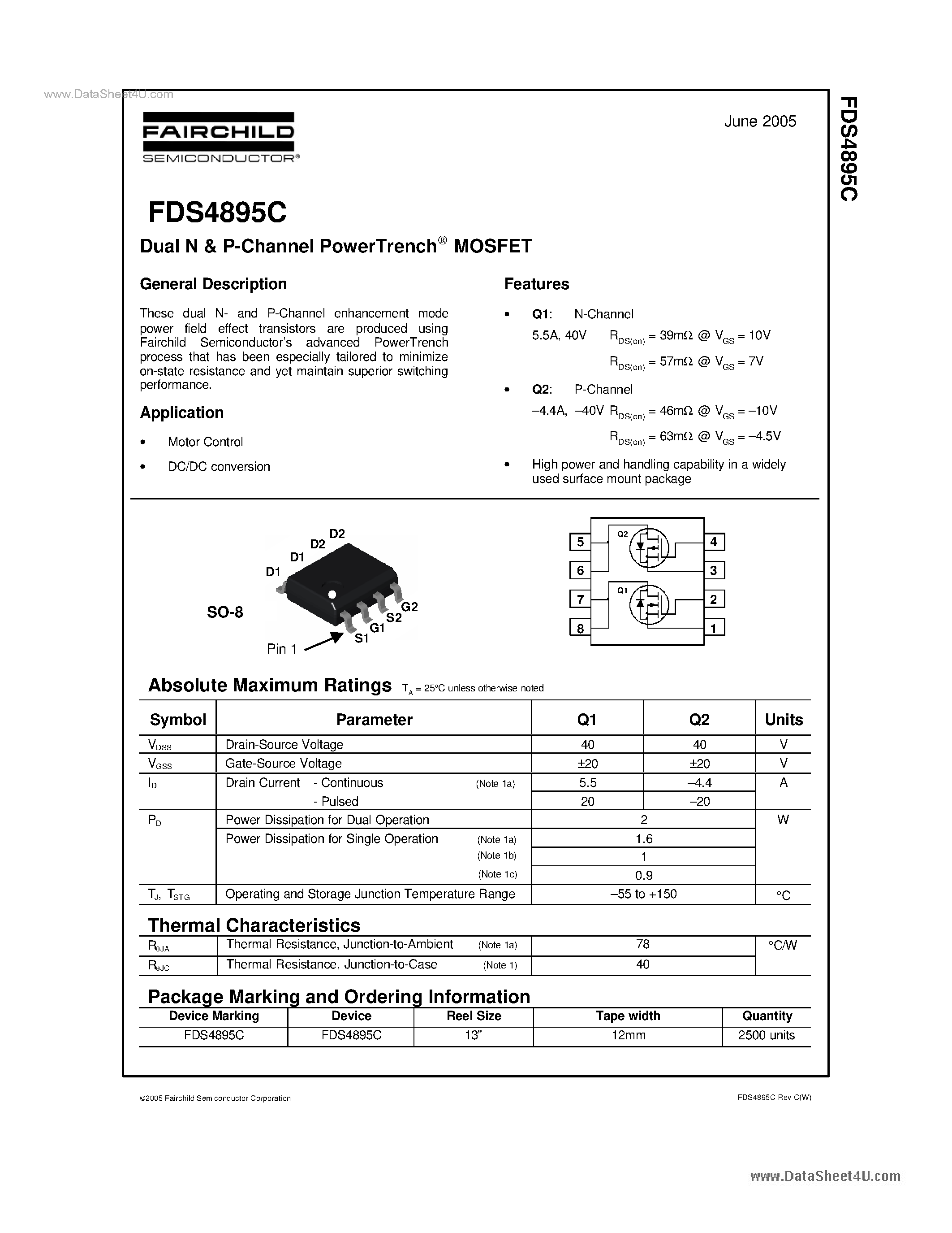 Datasheet FDS4895C page 1 Datasheet FDS4895C - Dual N & P-Channel PowerTrench MOSFET page 1