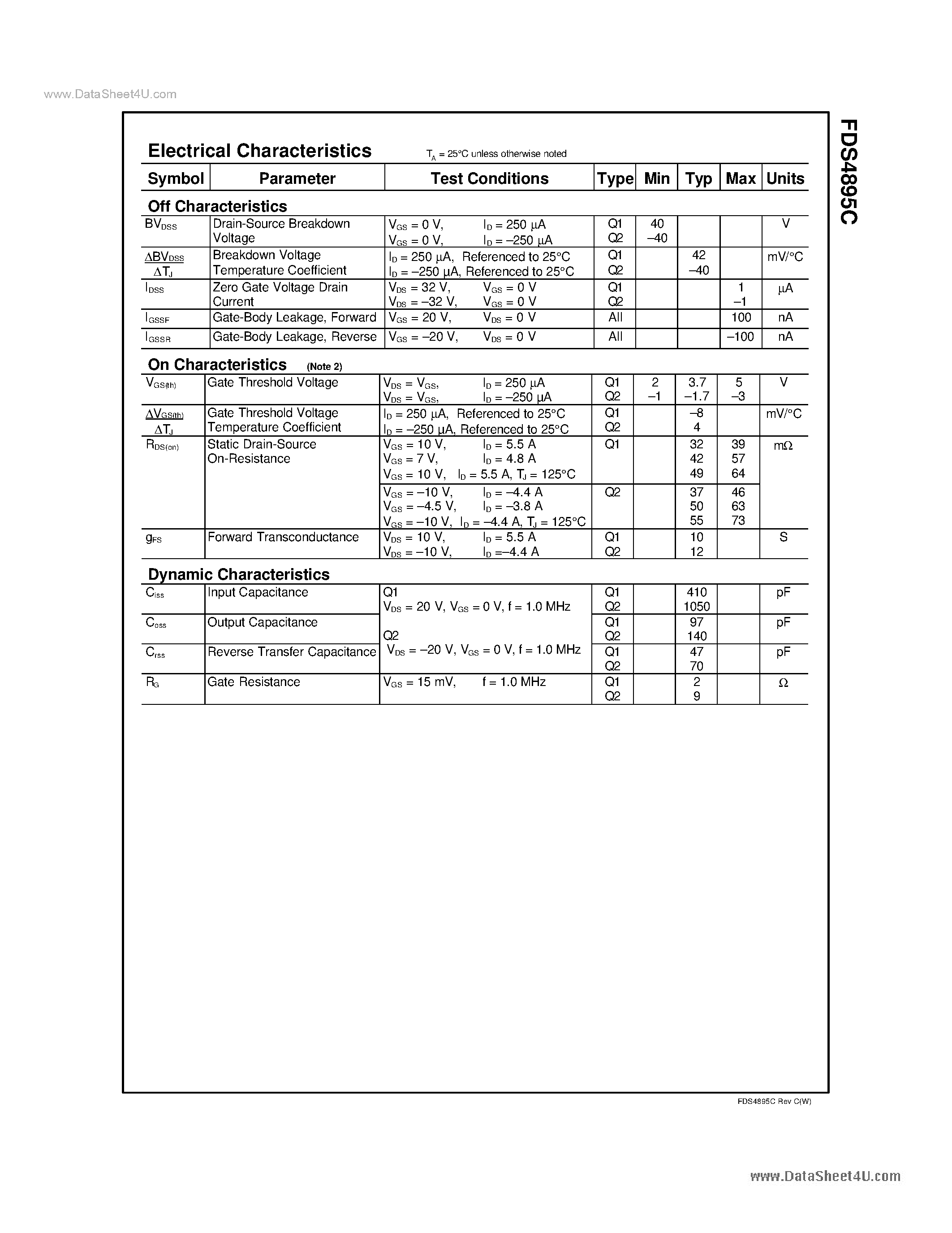 Datasheet FDS4895C page 2 Datasheet FDS4895C - Dual N & P-Channel PowerTrench MOSFET page 2