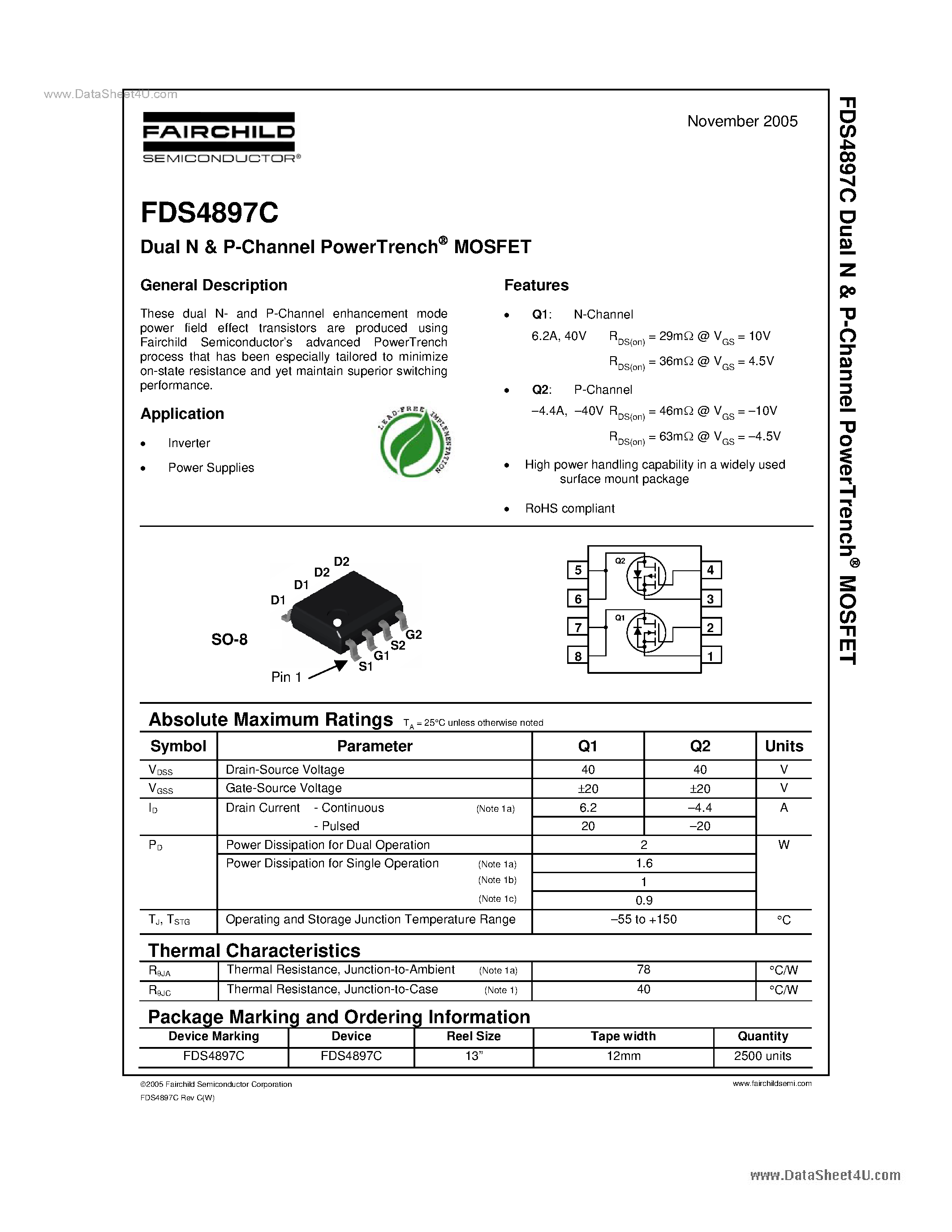 Даташит FDS4897C - Dual N & P-Channel PowerTrench MOSFET страница 1