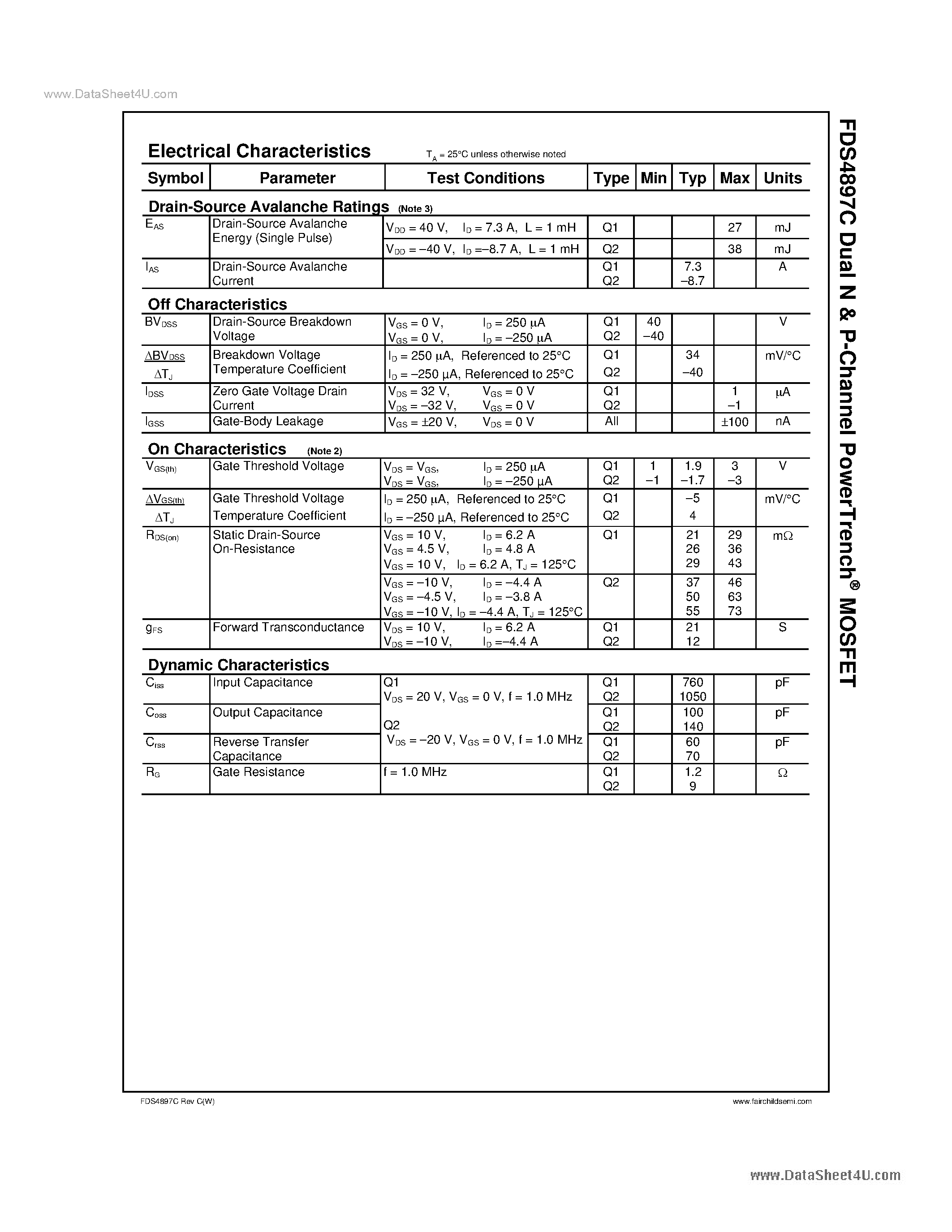 Datasheet FDS4897C page 2 Datasheet FDS4897C - Dual N & P-Channel PowerTrench MOSFET page 2